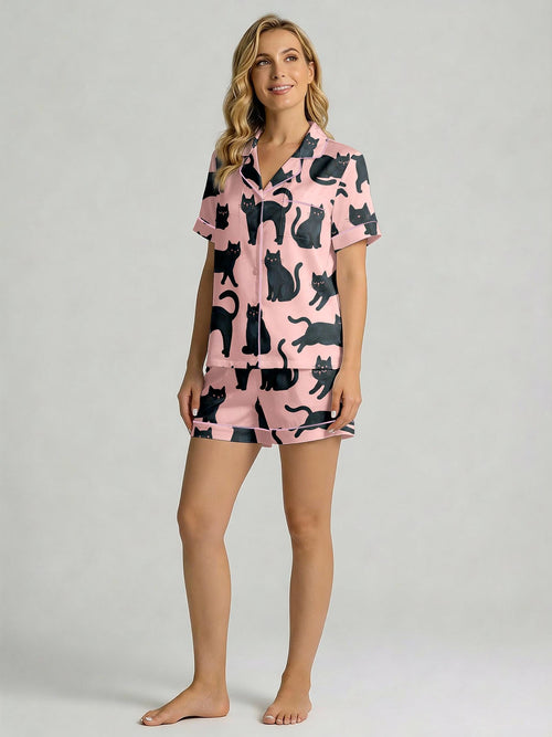 Cat Mom Gift - Cute Kitten Print Pajama Set - Silky Satin Summer Sleepwear - Gift for Pet Lovers