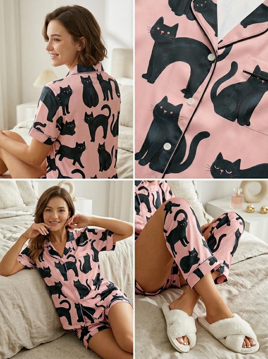 Cat Mom Gift - Cute Kitten Print Pajama Set - Silky Satin Summer Sleepwear - Gift for Pet Lovers