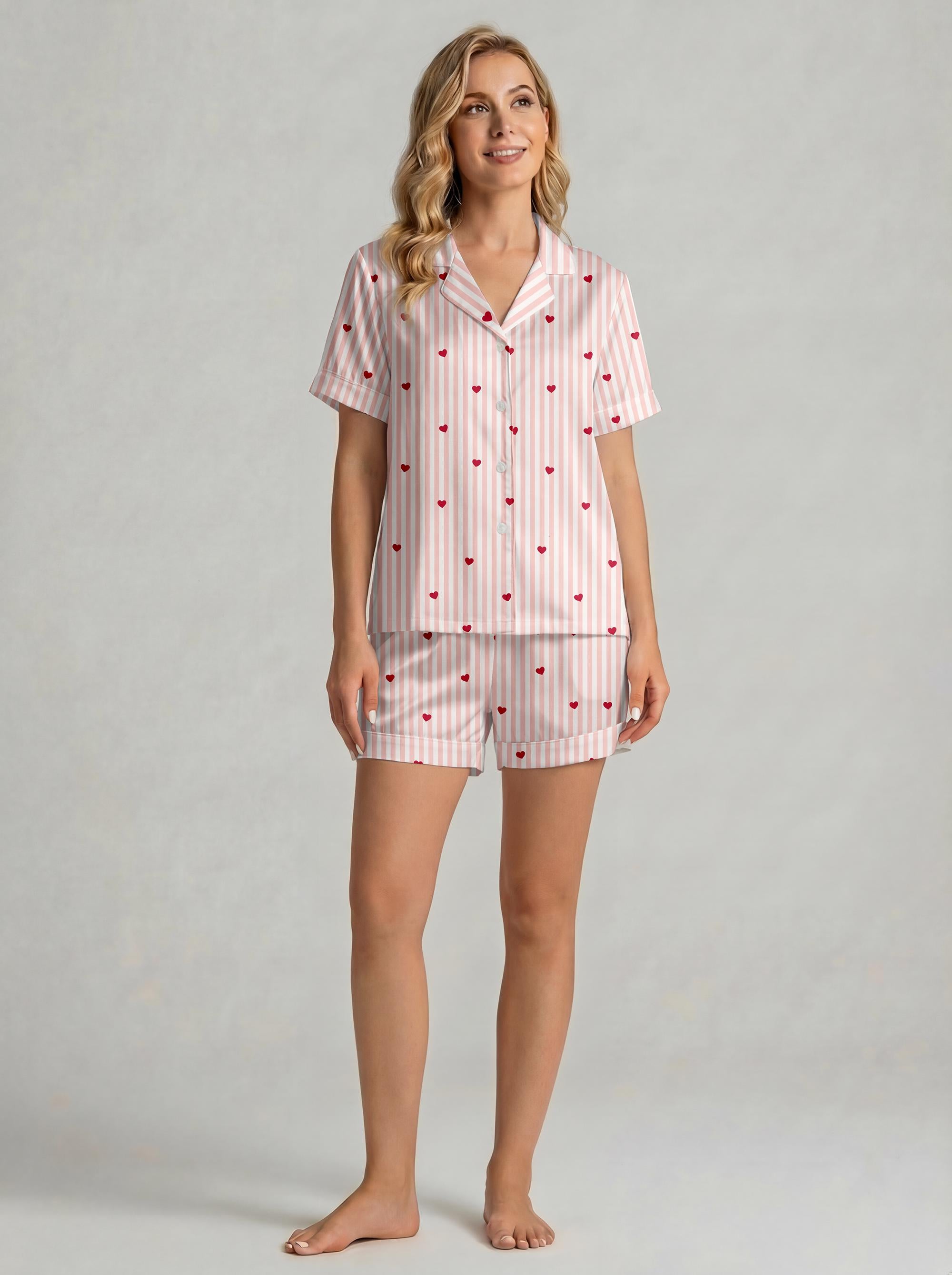 galentines day Pajama Set for Women,Cute  Loungewear for sleepover ,  Pink Stripe  Sleepwear, Button Shorts Set, Summer Gift for Her