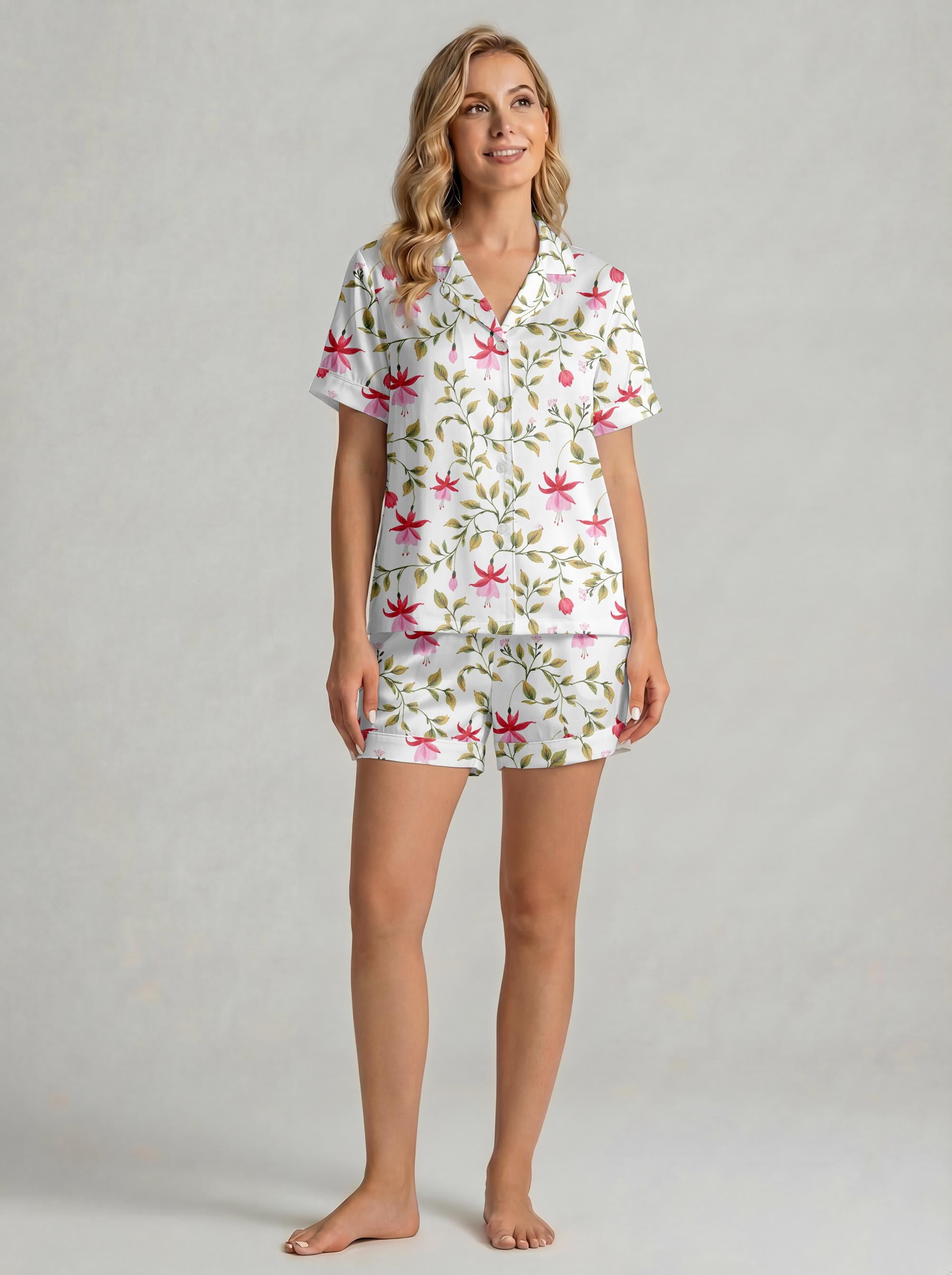 Floral Satin Pajama Set for Women, Silky Summer Sleepwear, Bridesmaid Pajamas, Lightweight Button Up Short Set, Mother’s Day Gift for Her