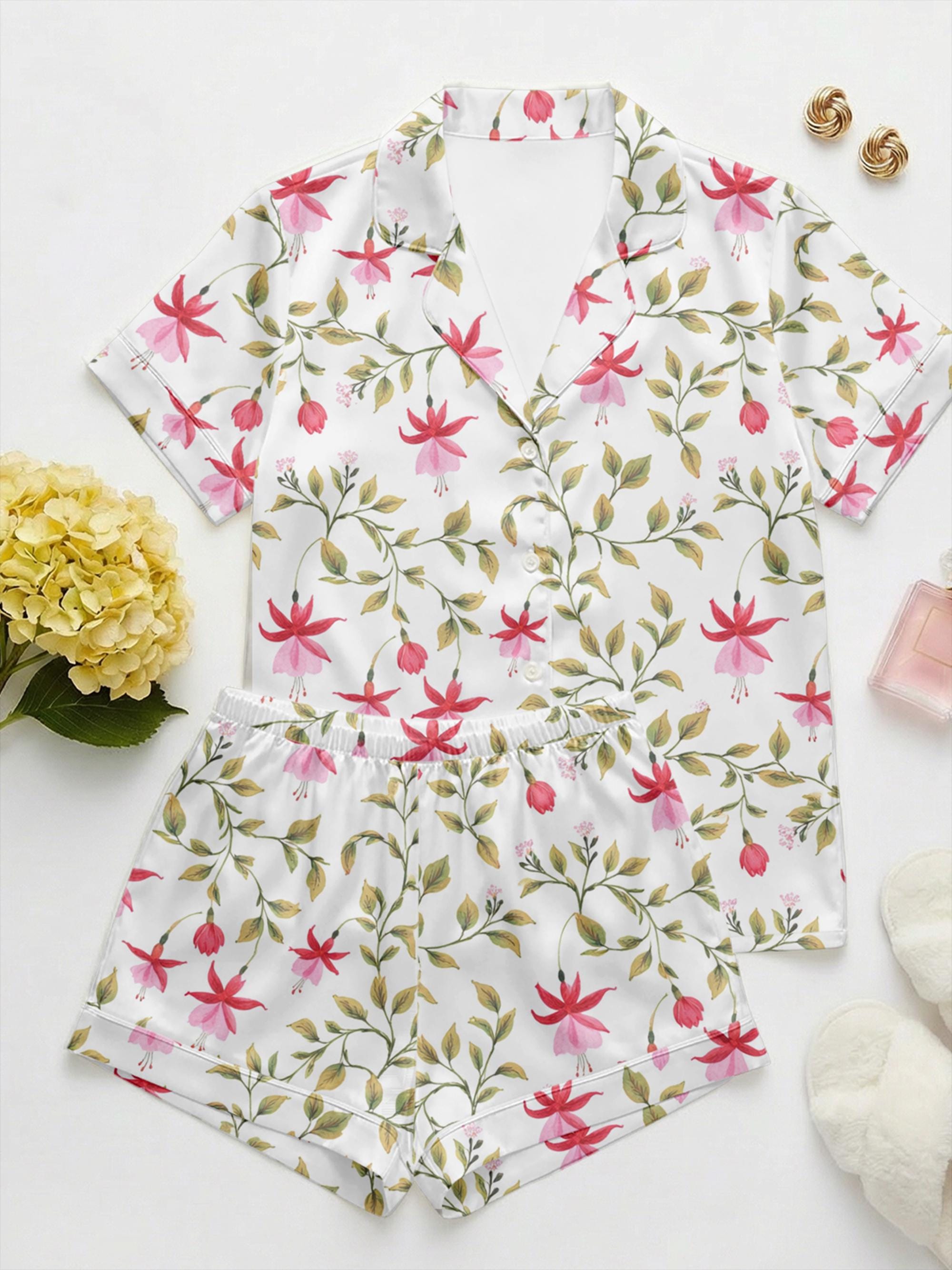 Floral Satin Pajama Set for Women, Silky Summer Sleepwear, Bridesmaid Pajamas, Lightweight Button Up Short Set, Mother’s Day Gift for Her