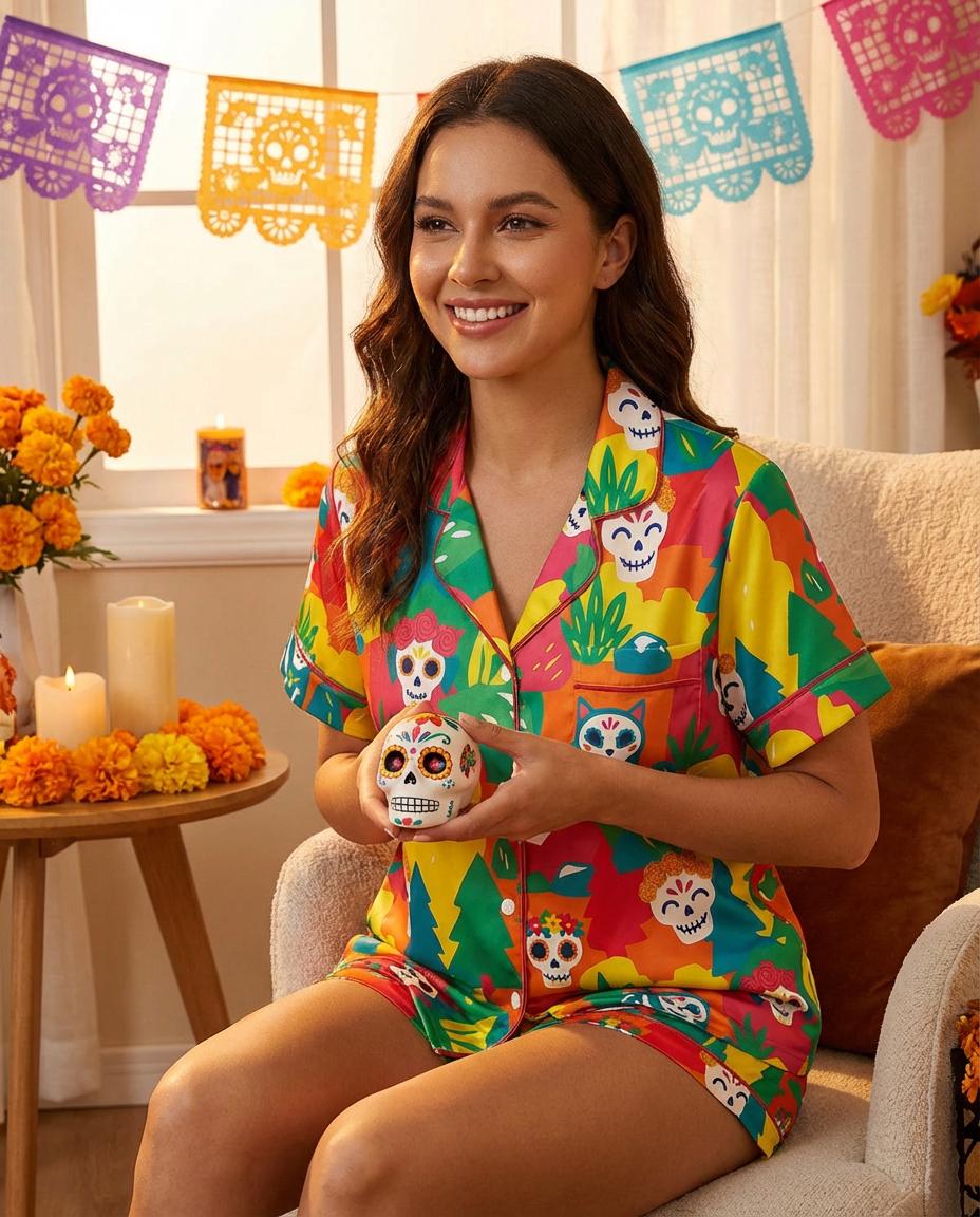 Day of the Dead Pajama Set for Women, Mexican Sugar Skull Print Sleepwear, Dia de los Muertos Pajamas, Colorful Satin Loungewear