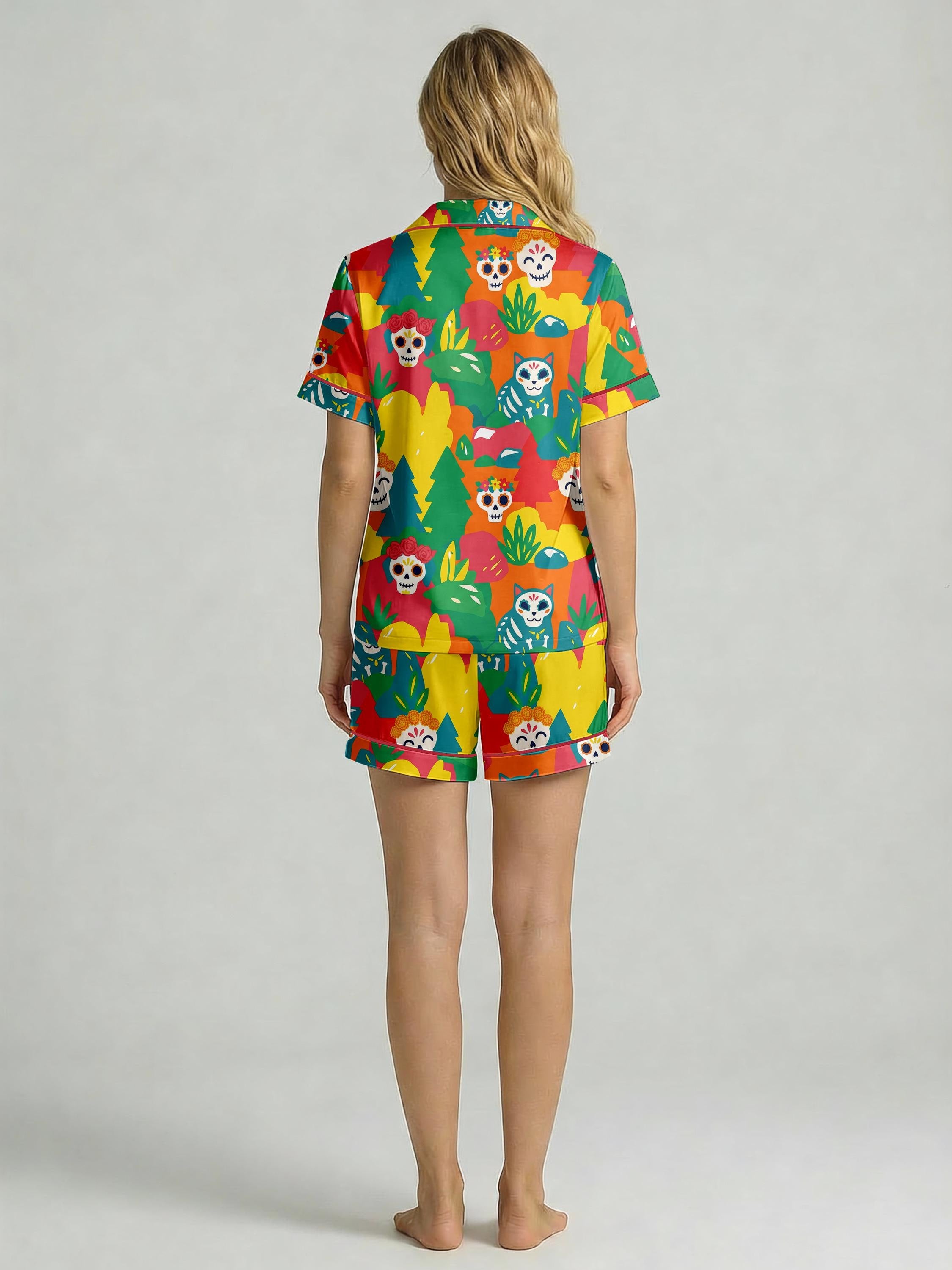 Day of the Dead Pajama Set for Women, Mexican Sugar Skull Print Sleepwear, Dia de los Muertos Pajamas, Colorful Satin Loungewear
