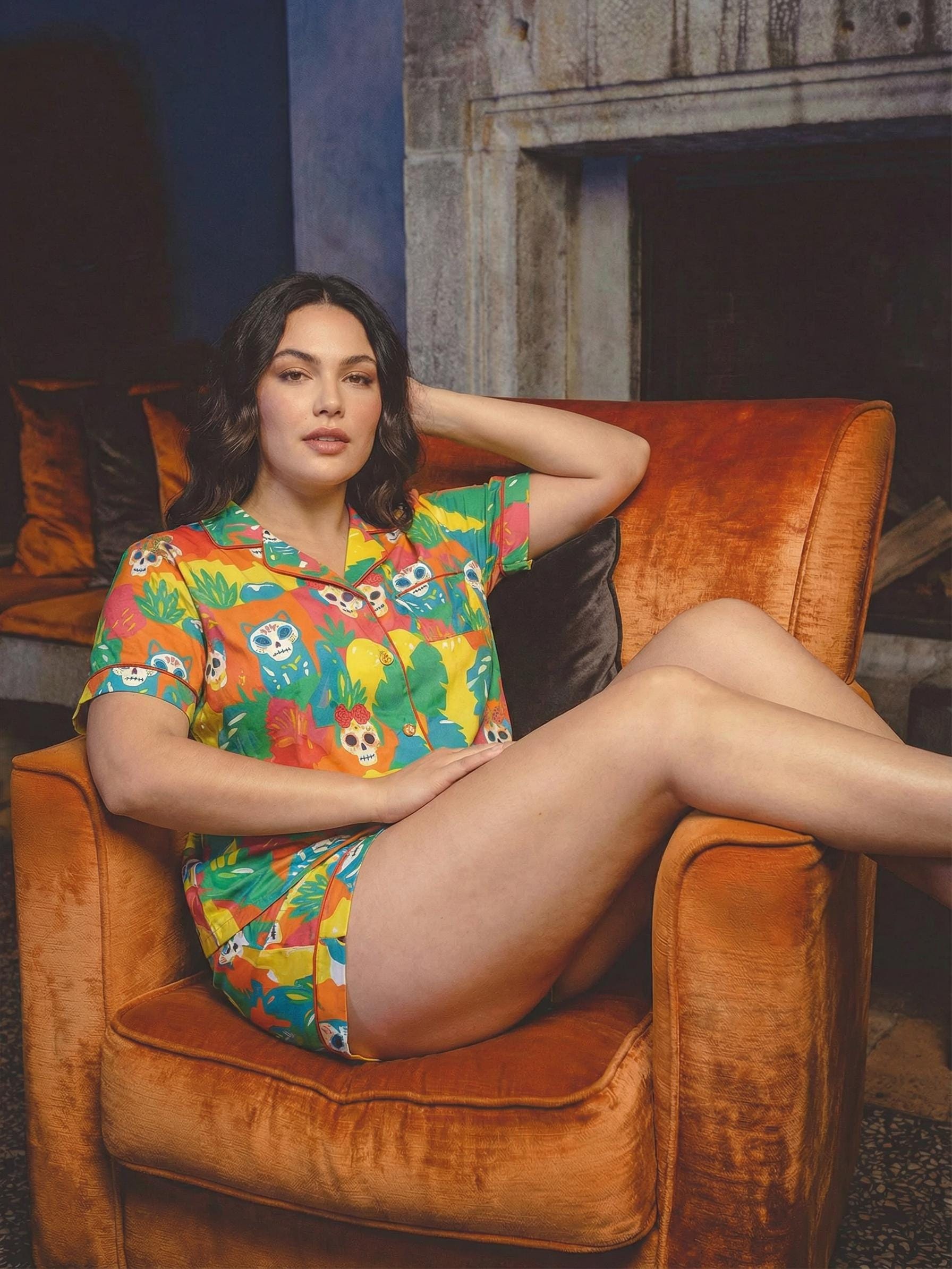 Day of the Dead Pajama Set for Women, Mexican Sugar Skull Print Sleepwear, Dia de los Muertos Pajamas, Colorful Satin Loungewear