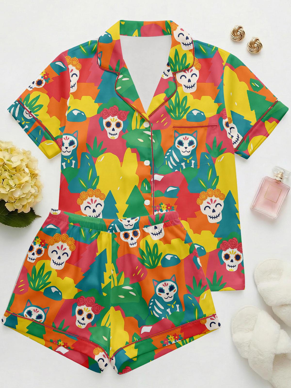 Day of the Dead Pajama Set for Women, Mexican Sugar Skull Print Sleepwear, Dia de los Muertos Pajamas, Colorful Satin Loungewear