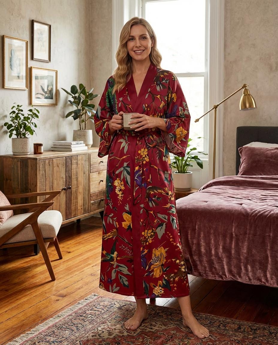 Luxury Boho Kimono Robe, Vintage Floral Bird Print Satin Robe, Cottagecore Gown, Resort Wear, Elegant Lightweight Summer Robe for Women