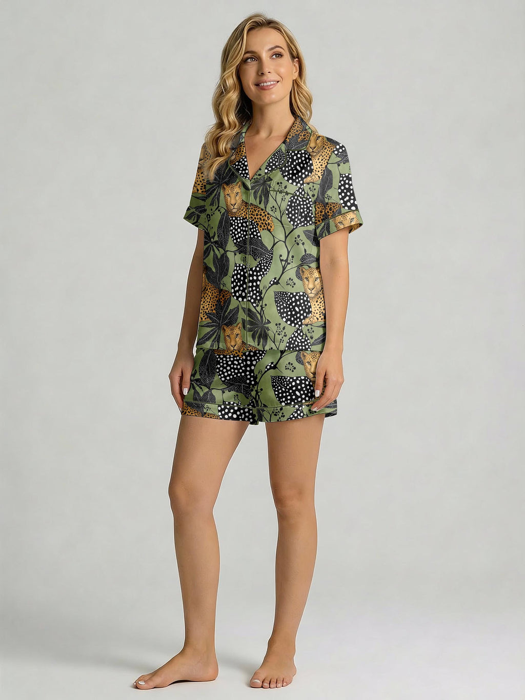 Leopard Print Pajama Set for Women, Polka Dot Jungle Sleepwear, Summer Tropical Loungewear, Short Button Shirt & Shorts Set, Gift for Her