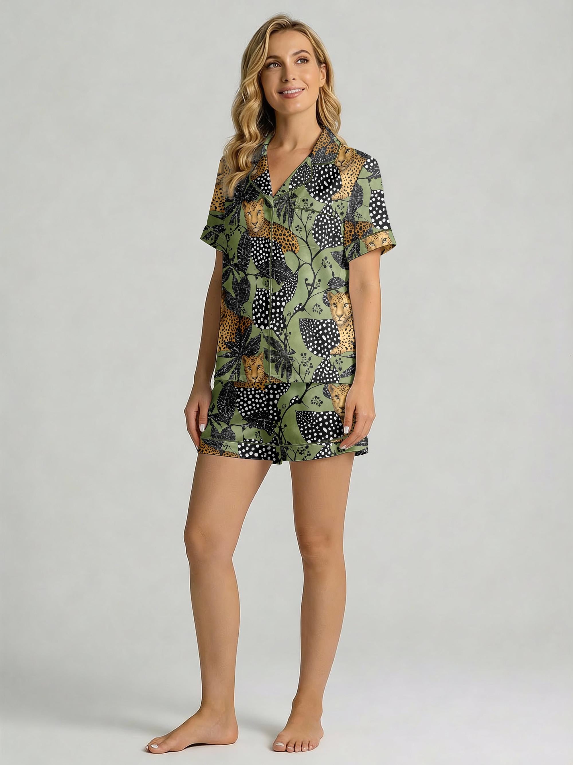 Leopard Print Pajama Set for Women, Polka Dot Jungle Sleepwear, Summer Tropical Loungewear, Short Button Shirt & Shorts Set, Gift for Her