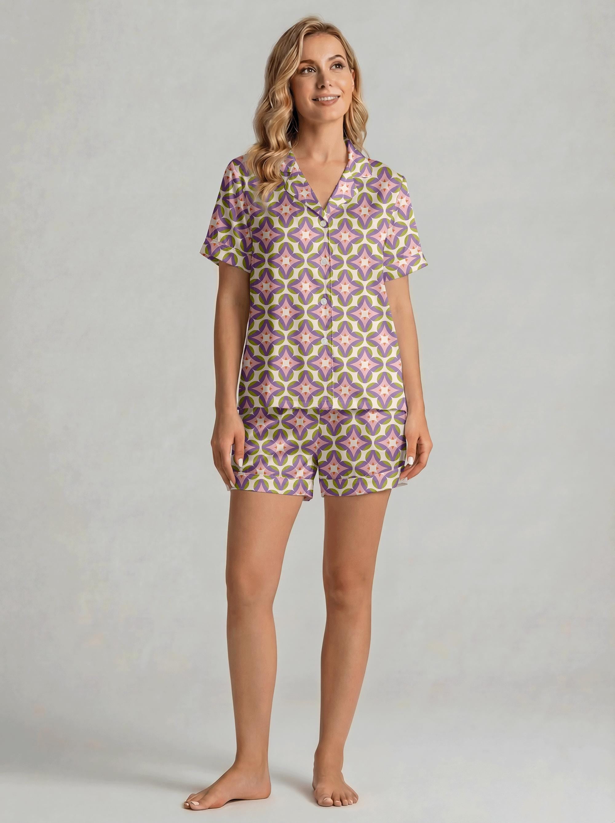 Vintage Boho Print Pajama Set for Women, Luxury Sleepwear, Aesthetic Sleepwear Set, Bridesmaid Gift, Mothers Day Gift for Her, Chic Summer