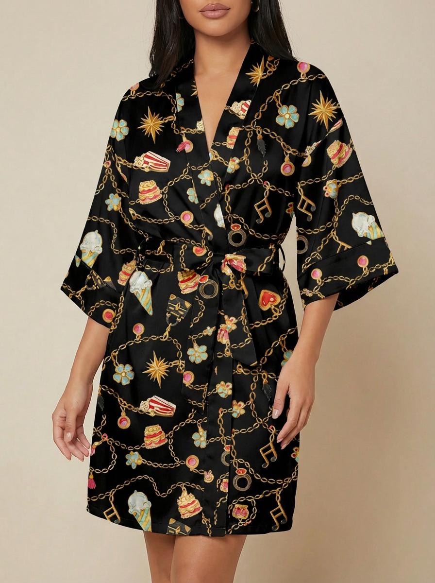 Black Satin Pajama Set, Gold Chain Charm Print Sleepwear, Vintage Style Lounge Set