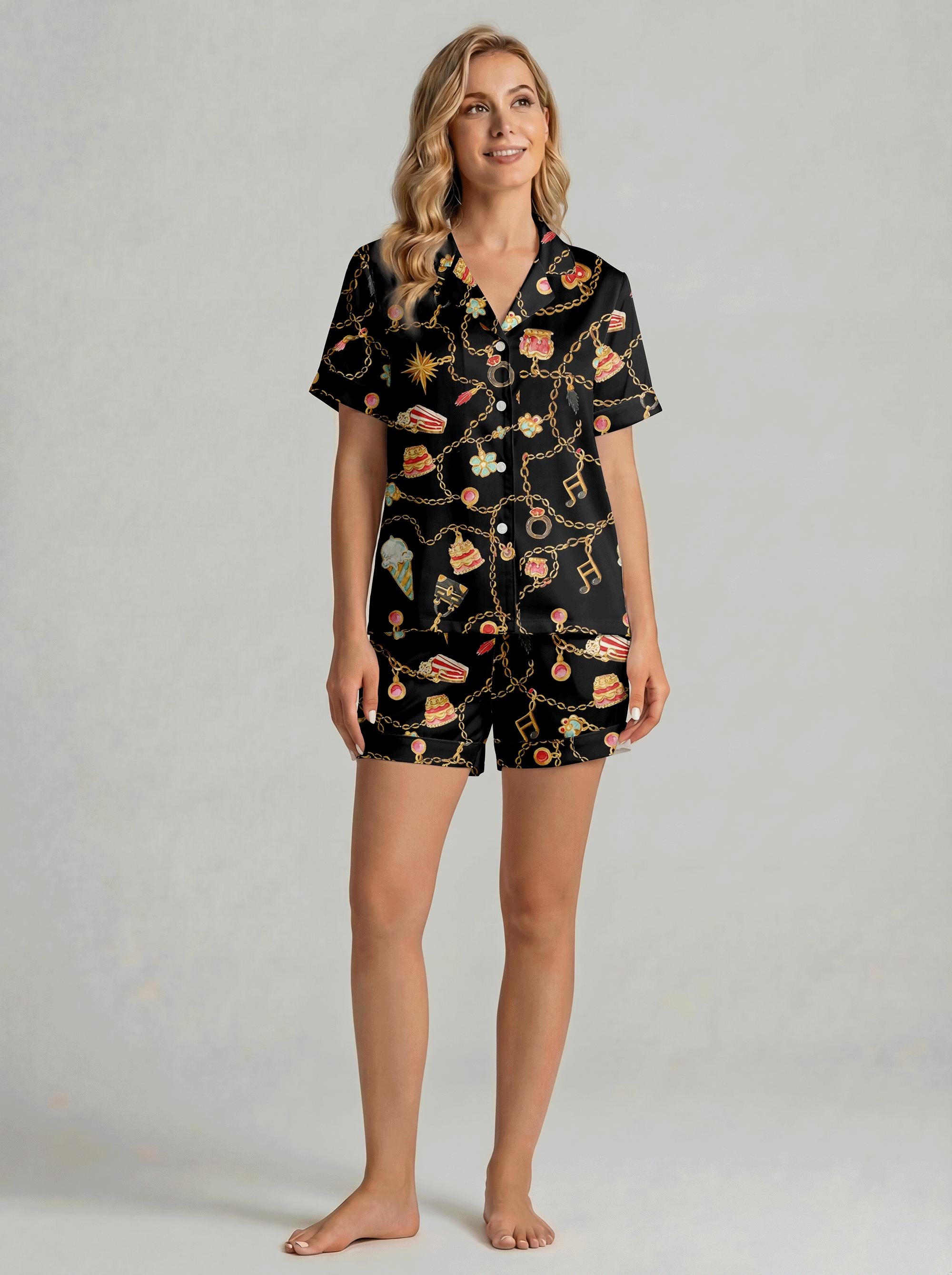 Black Satin Pajama Set, Gold Chain Charm Print Sleepwear, Vintage Style Lounge Set
