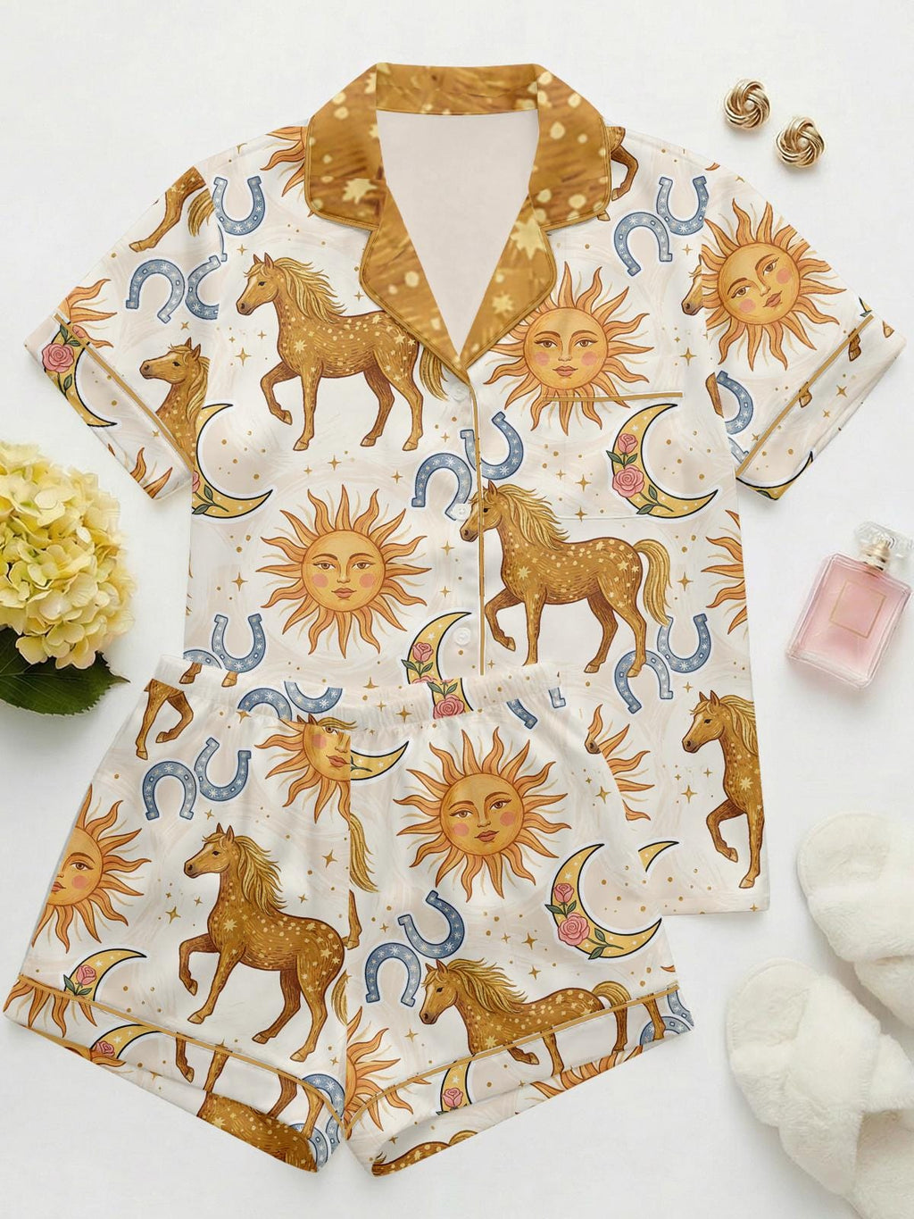 Celestial Sun and Moon Pajama Set, Witchy Mystical PJs, Sun Stars Satin Sleepwear, Mother's Day Gift for Her,  Boho Celestial Gift