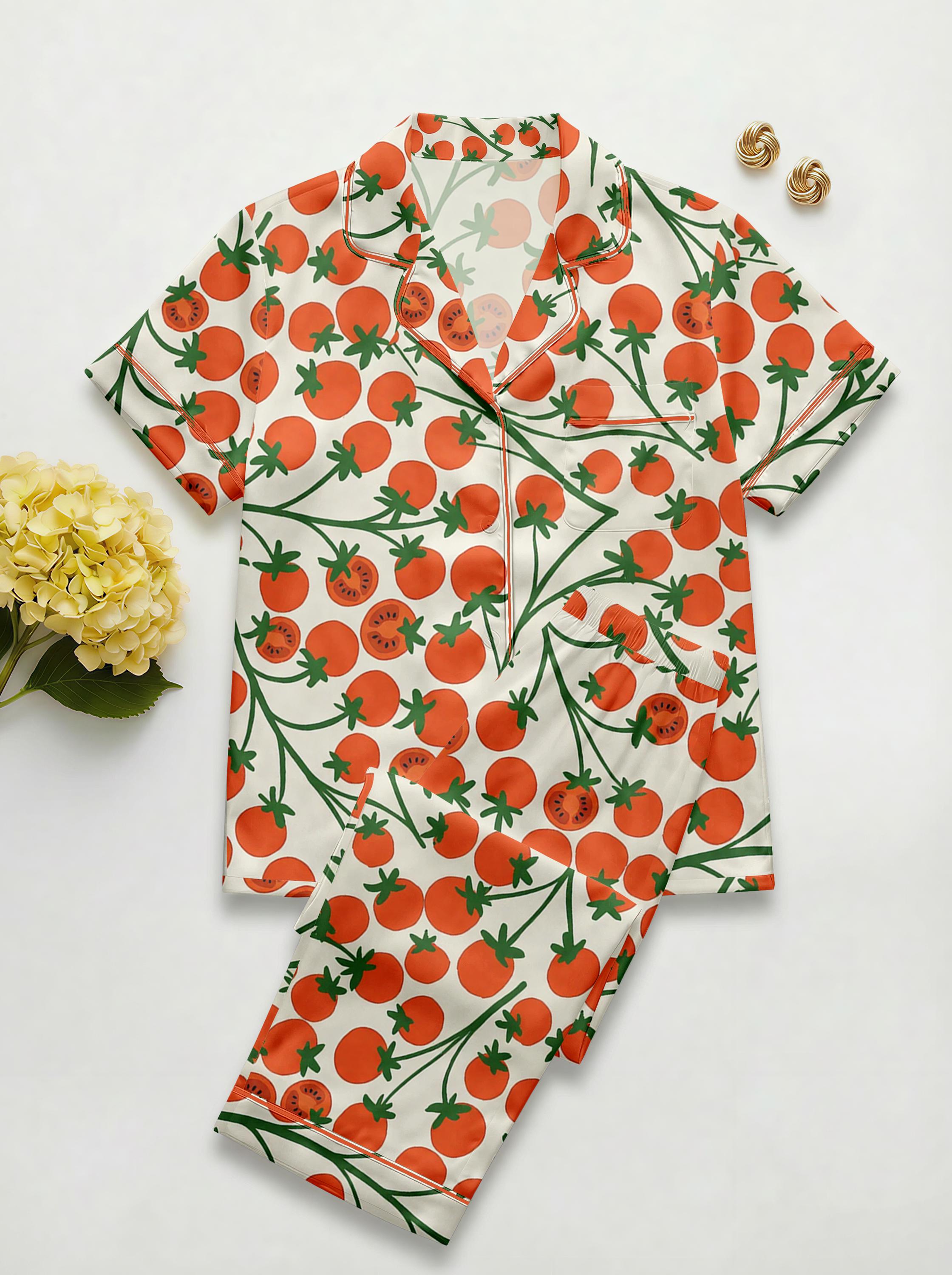 Tomato Print Pajama Set for Women, Cottagecore Garden Sleepwear, Hand-Drawn Fruit Pattern PJs, Gardener Gift for Her,   Short Lounge Set