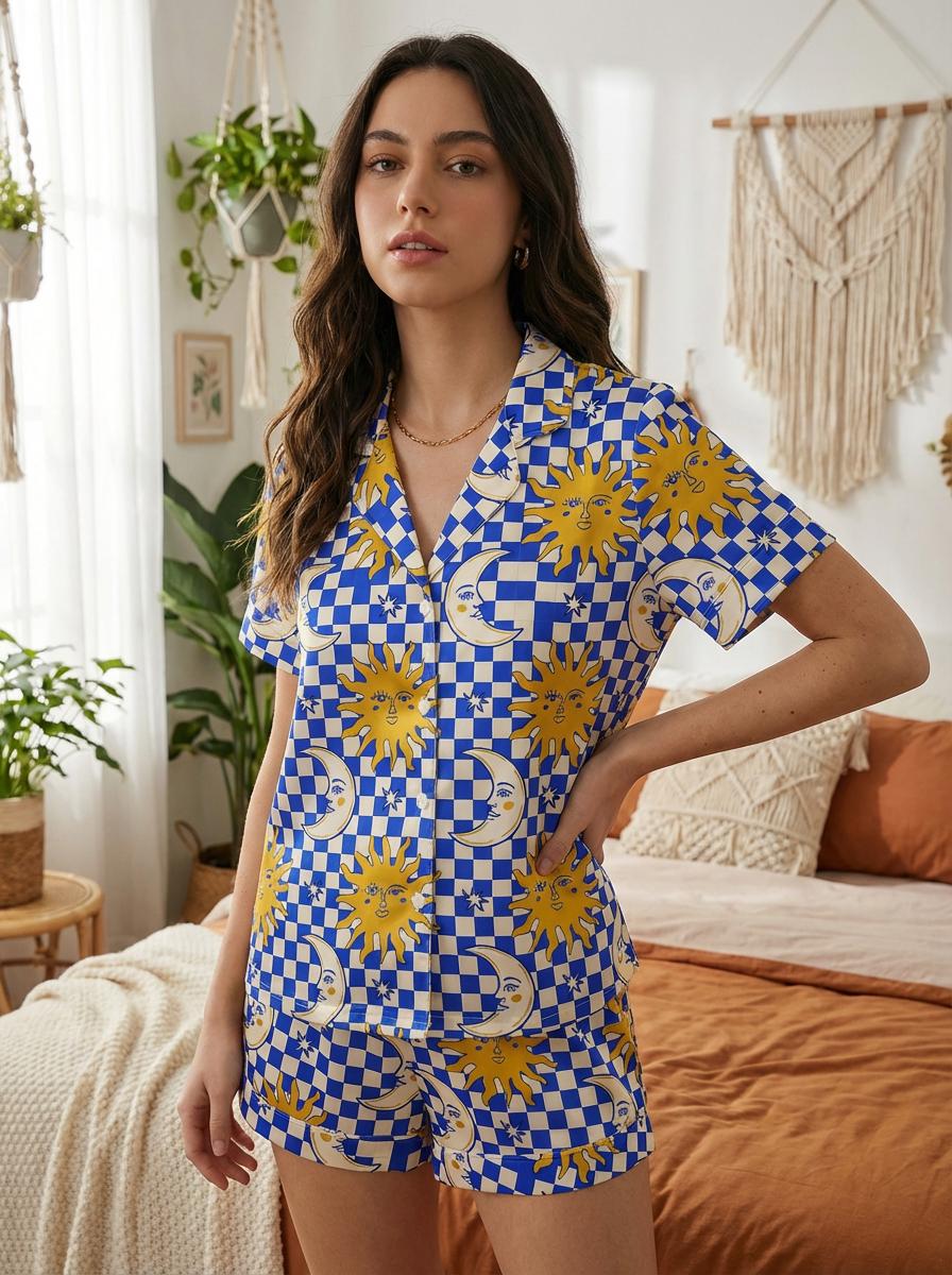 Women's Celestial Sun Moon Pajama Set, Sleepover Party Sleepwear, Summer Lounge Shorts