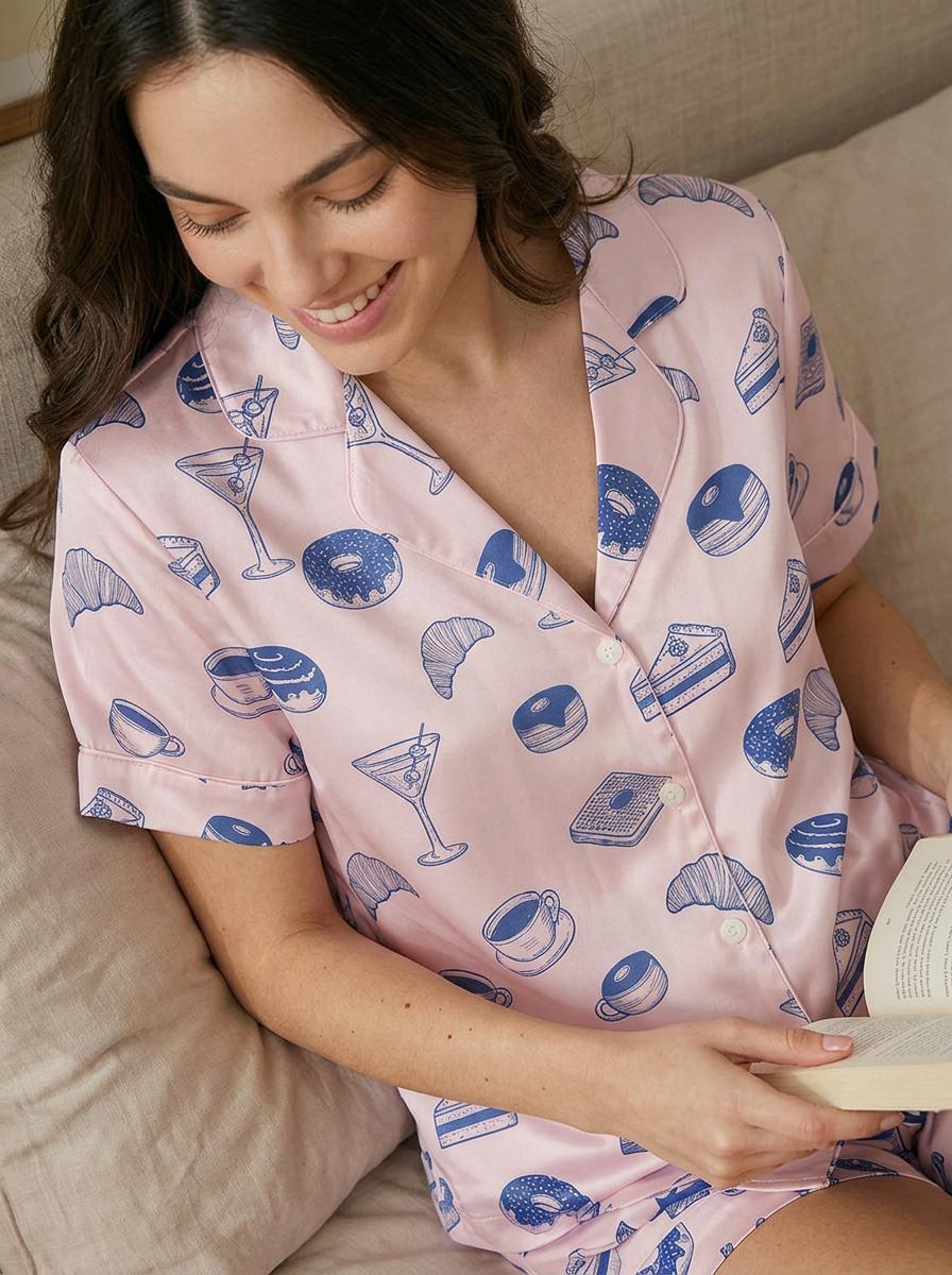 galentines day Pajama Set, Sleepover Party Silky Satin PJs, Croissant and Cake Print sleepwear, Mother's Day Lounge Set，French Breakfast