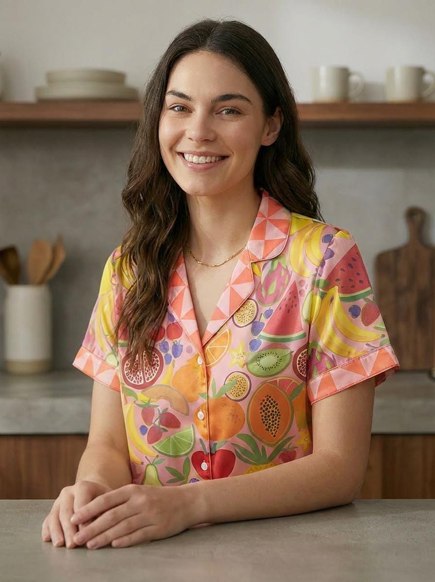 Silky Satin Tropical Fruit Pajama Set, Summer Vacation Sleepwear