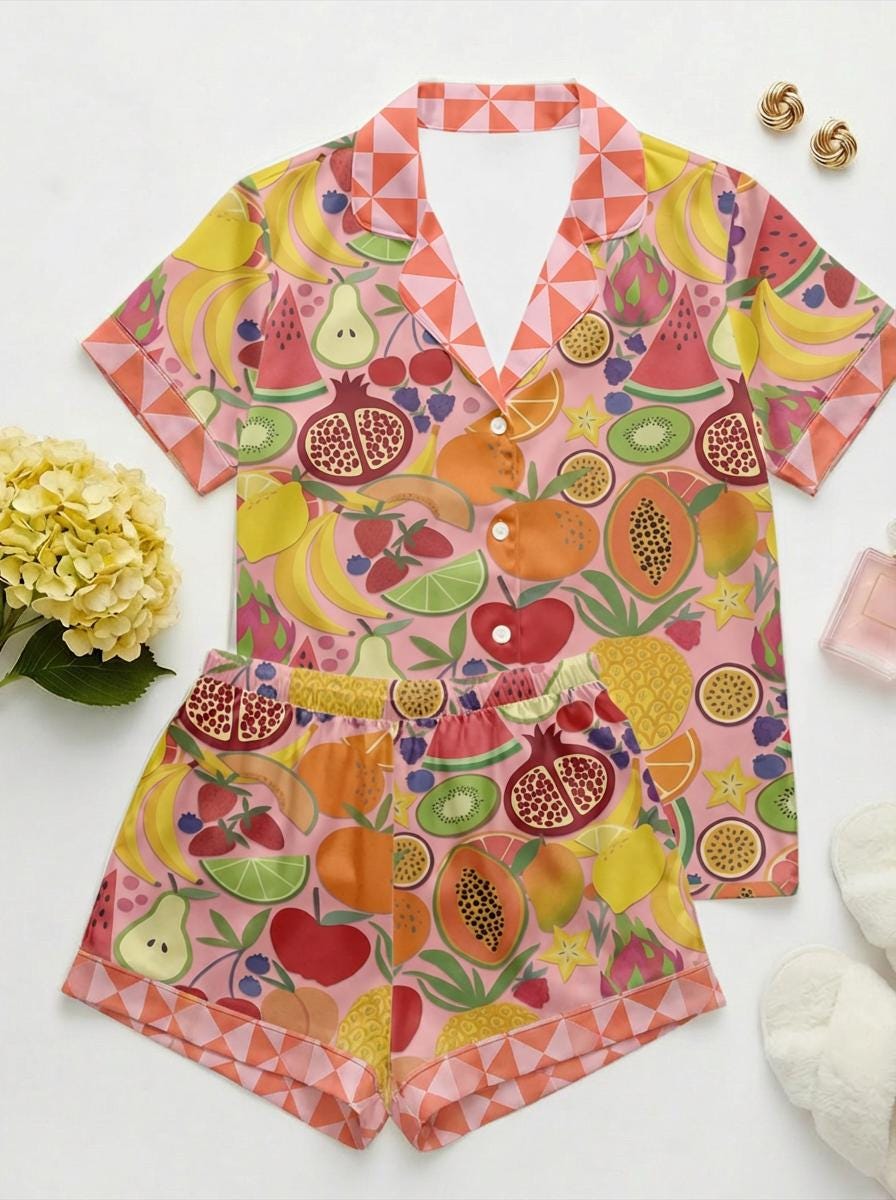 Silky Satin Tropical Fruit Pajama Set, Summer Vacation Sleepwear