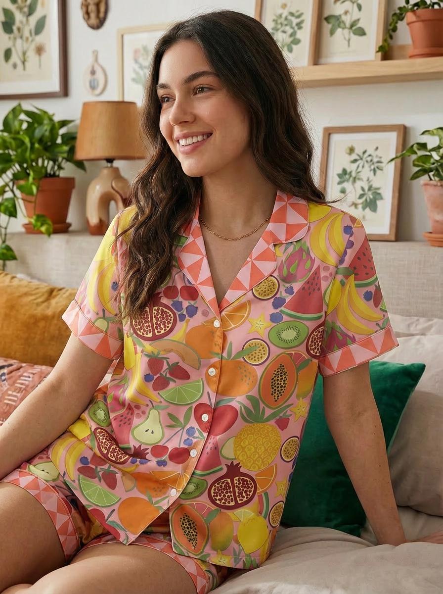 Silky Satin Tropical Fruit Pajama Set, Summer Vacation Sleepwear