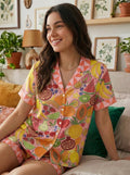 Silky Satin Tropical Fruit Pajama Set, Summer Vacation Sleepwear