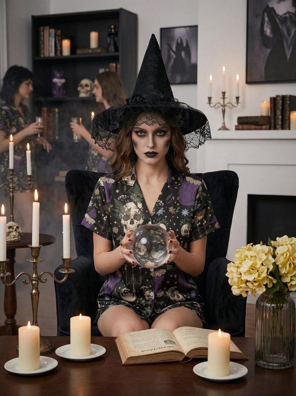Gothic Black Cat and Skull Pajama Set, Witchy Mystical Satin Sleepwear, Punk Alternative Lounge Set, Spooky Gift for Her, Goth Party Gift