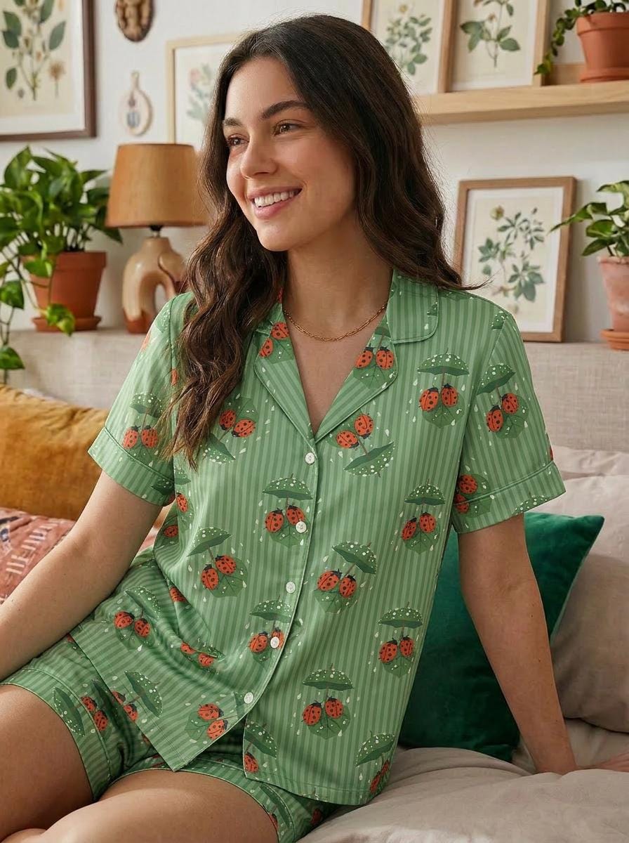Ladybug Pajama Set, Satin Short Sleeve Sleepwear, Cottagecore Spring Print PJs