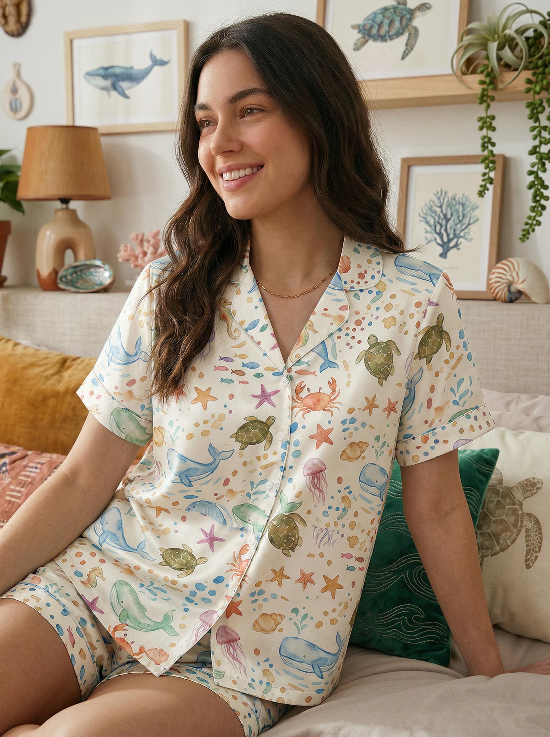 Ocean Life Satin Pajama Set,Whale Orca Turtle Dolphin Print Sleepwear,Marine Biology Gift,Stingray and Starfish Satin PJs
