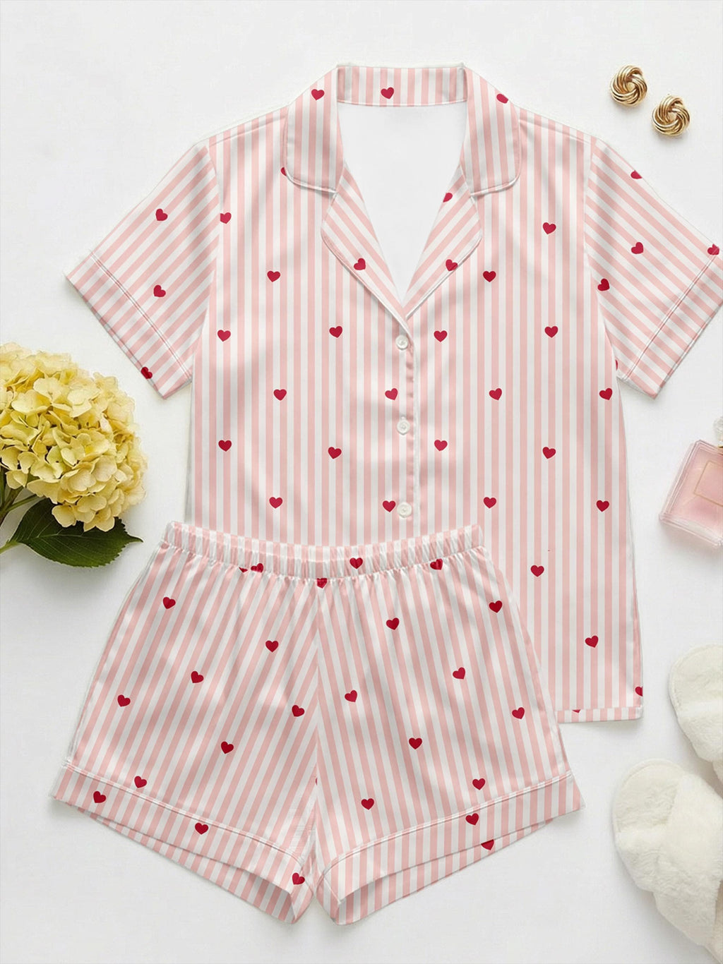 galentines day Pajama Set for Women,Cute  Loungewear for sleepover ,  Pink Stripe  Sleepwear, Button Shorts Set, Summer Gift for Her