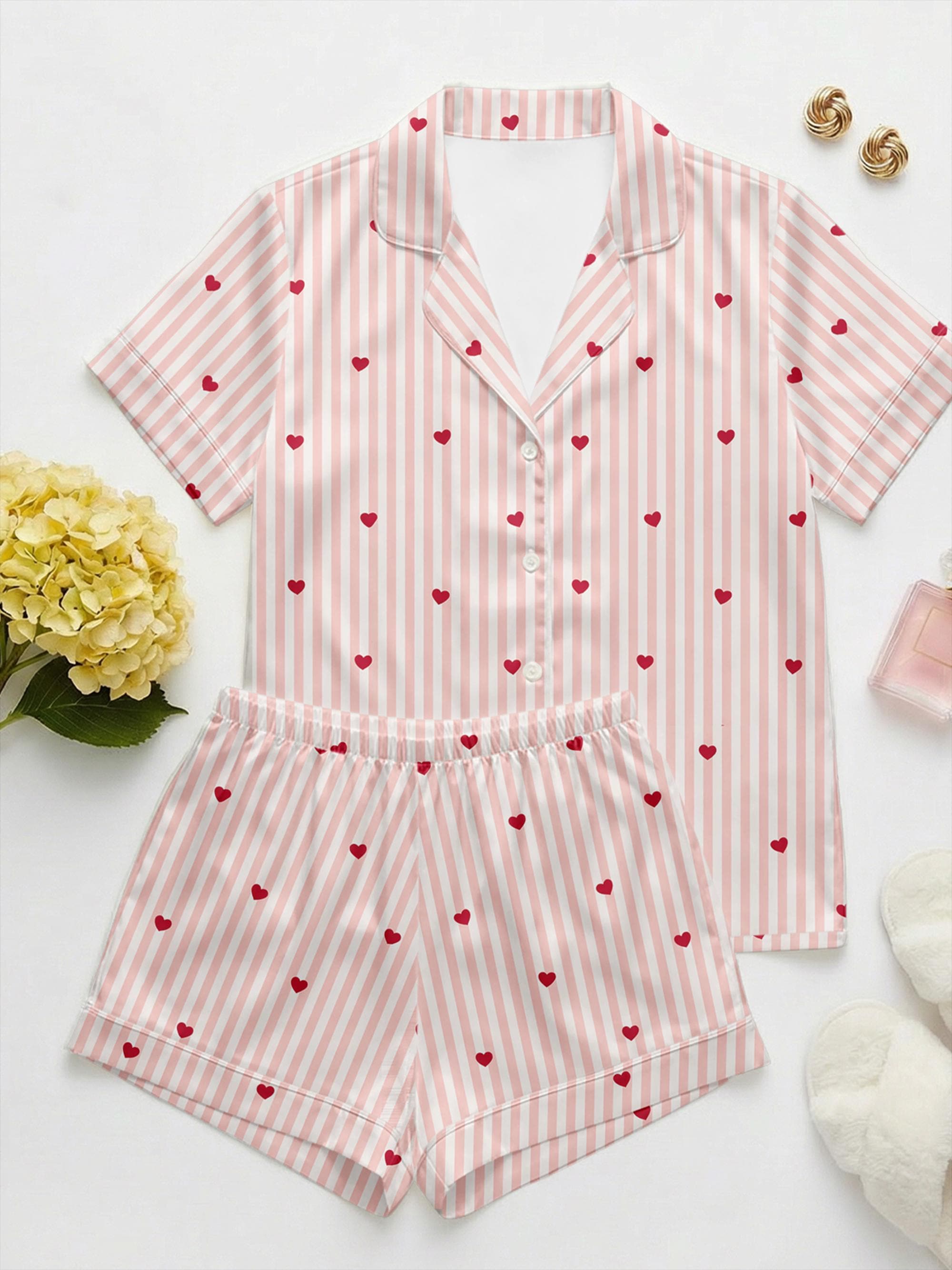 galentines day Pajama Set for Women,Cute  Loungewear for sleepover ,  Pink Stripe  Sleepwear, Button Shorts Set, Summer Gift for Her
