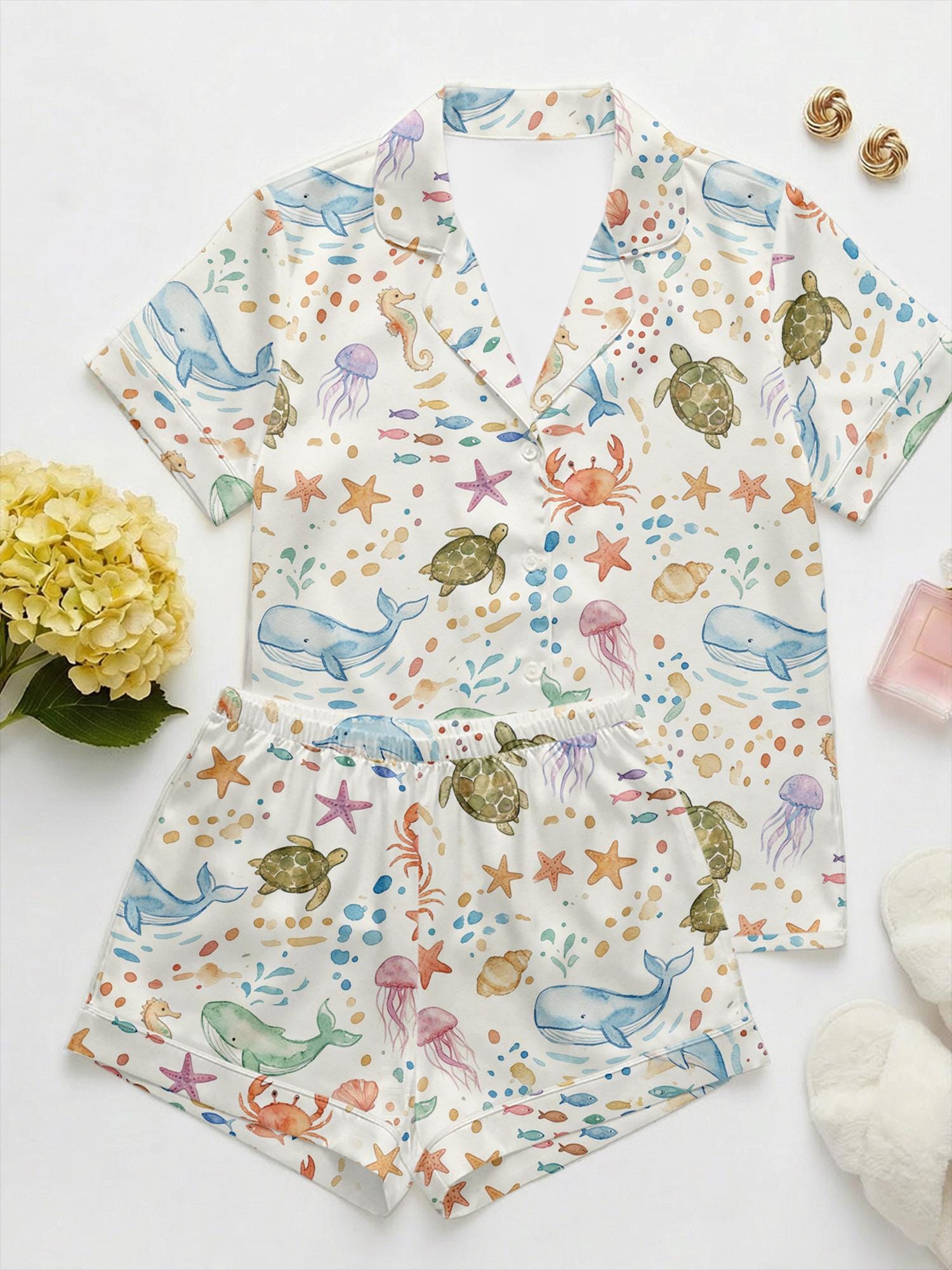 Satin Pajama Set Women, Tiger Botanical Print Sleepwear, Summer Garden Loungewear