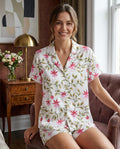 Floral Satin Pajama Set for Women, Silky Summer Sleepwear, Bridesmaid Pajamas, Lightweight Button Up Short Set, Mother’s Day Gift for Her
