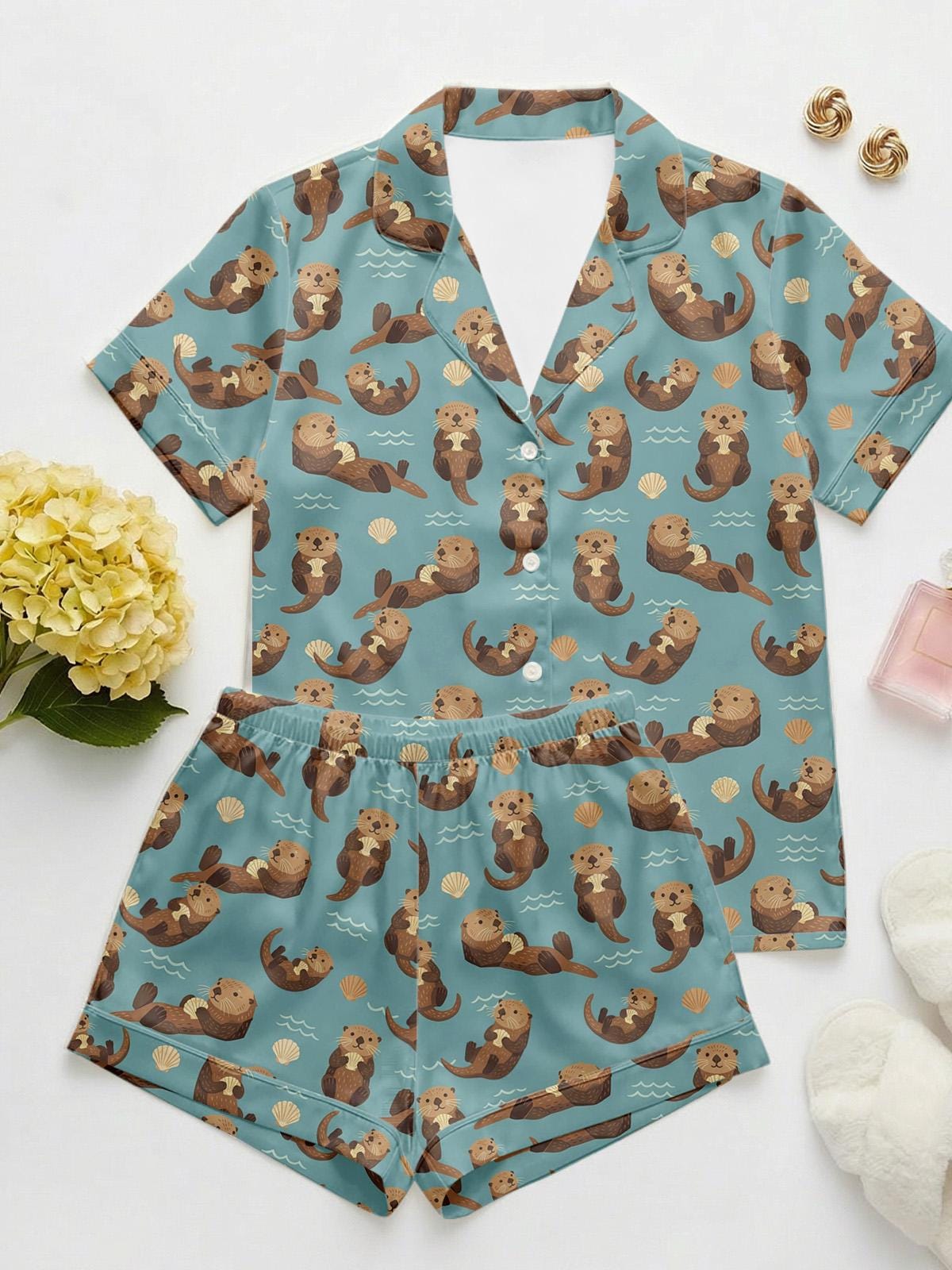 Otter Print Satin Pajama Set, Women's Sleepwear, Summer Loungewear, Gift for Mom
