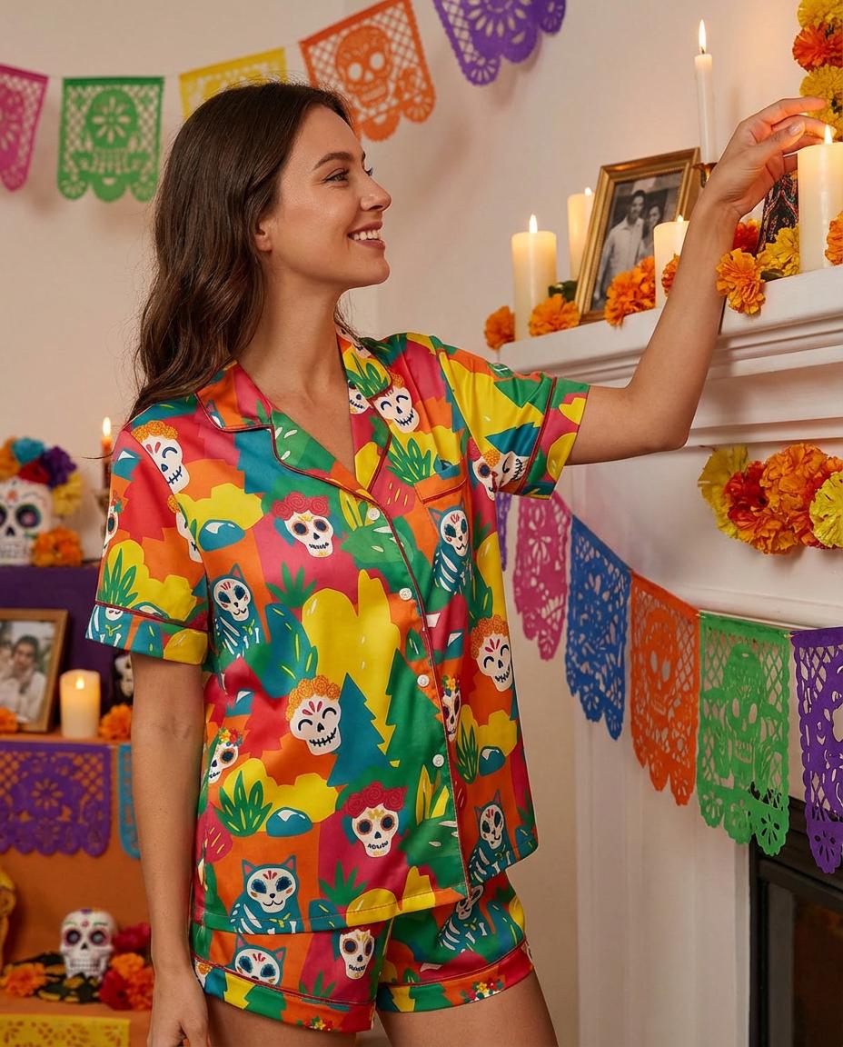 Day of the Dead Pajama Set for Women, Mexican Sugar Skull Print Sleepwear, Dia de los Muertos Pajamas, Colorful Satin Loungewear