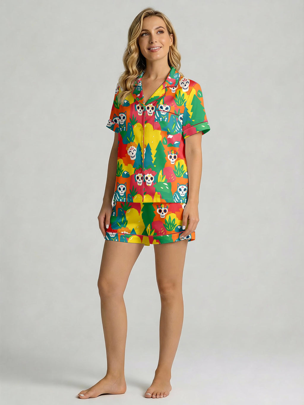 Day of the Dead Pajama Set for Women, Mexican Sugar Skull Print Sleepwear, Dia de los Muertos Pajamas, Colorful Satin Loungewear