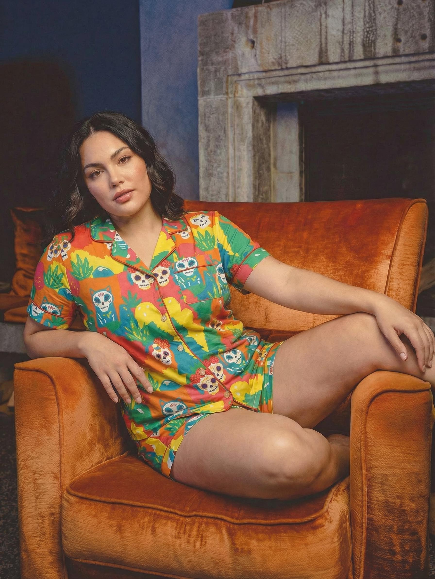 Day of the Dead Pajama Set for Women, Mexican Sugar Skull Print Sleepwear, Dia de los Muertos Pajamas, Colorful Satin Loungewear