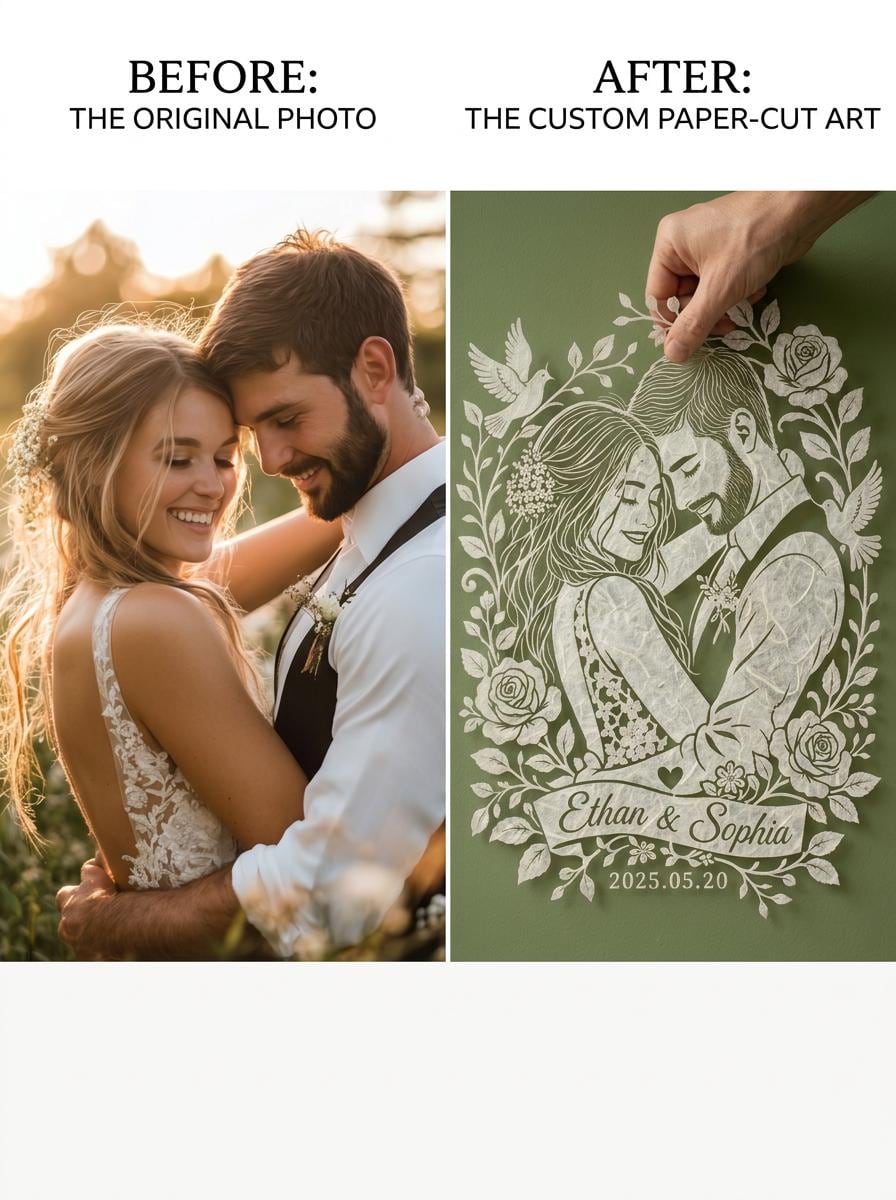 Custom Wedding Paper Cut Portrait from Photo, 1st Anniversary Gift, Personalized Couple Portrait, Bridal Gift, Paper Anniversary Wall Art