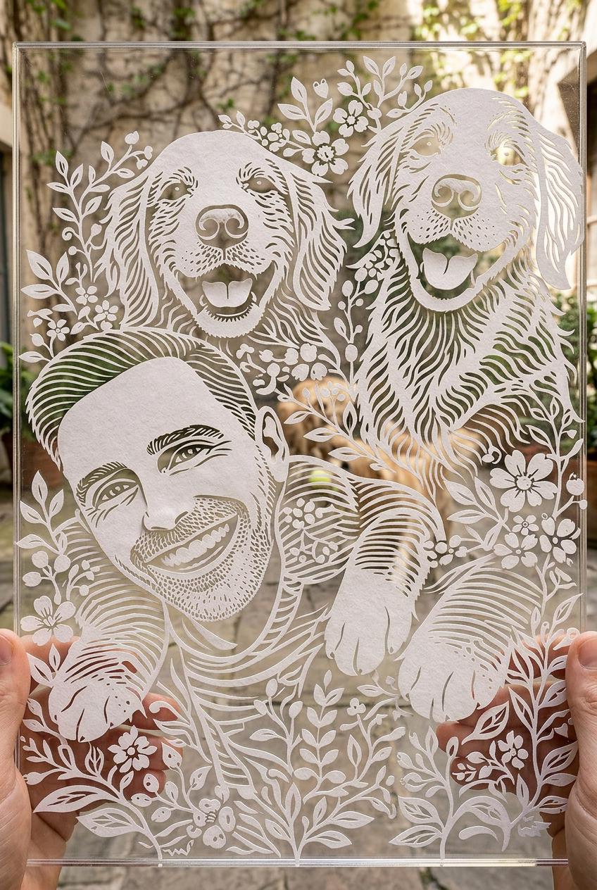 Personalized Pet /Owner Portrait,Custom Pet Paper Cut Portrait from Photo,Dog Portrait Gift, Family / Birthday Gift,Pet Memorial Art