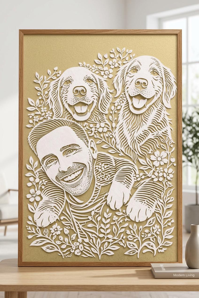 Personalized Pet /Owner Portrait,Custom Pet Paper Cut Portrait from Photo,Dog Portrait Gift, Family / Birthday Gift,Pet Memorial Art