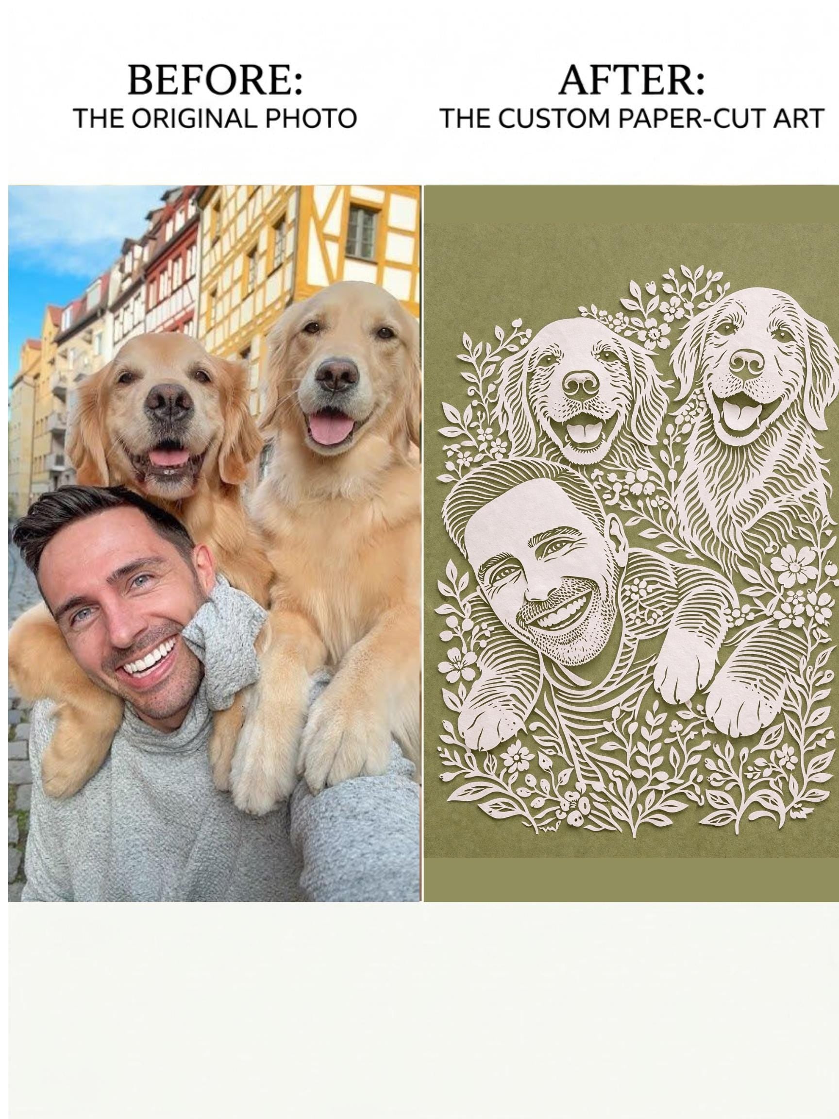 Personalized Pet /Owner Portrait,Custom Pet Paper Cut Portrait from Photo,Dog Portrait Gift, Family / Birthday Gift,Pet Memorial Art
