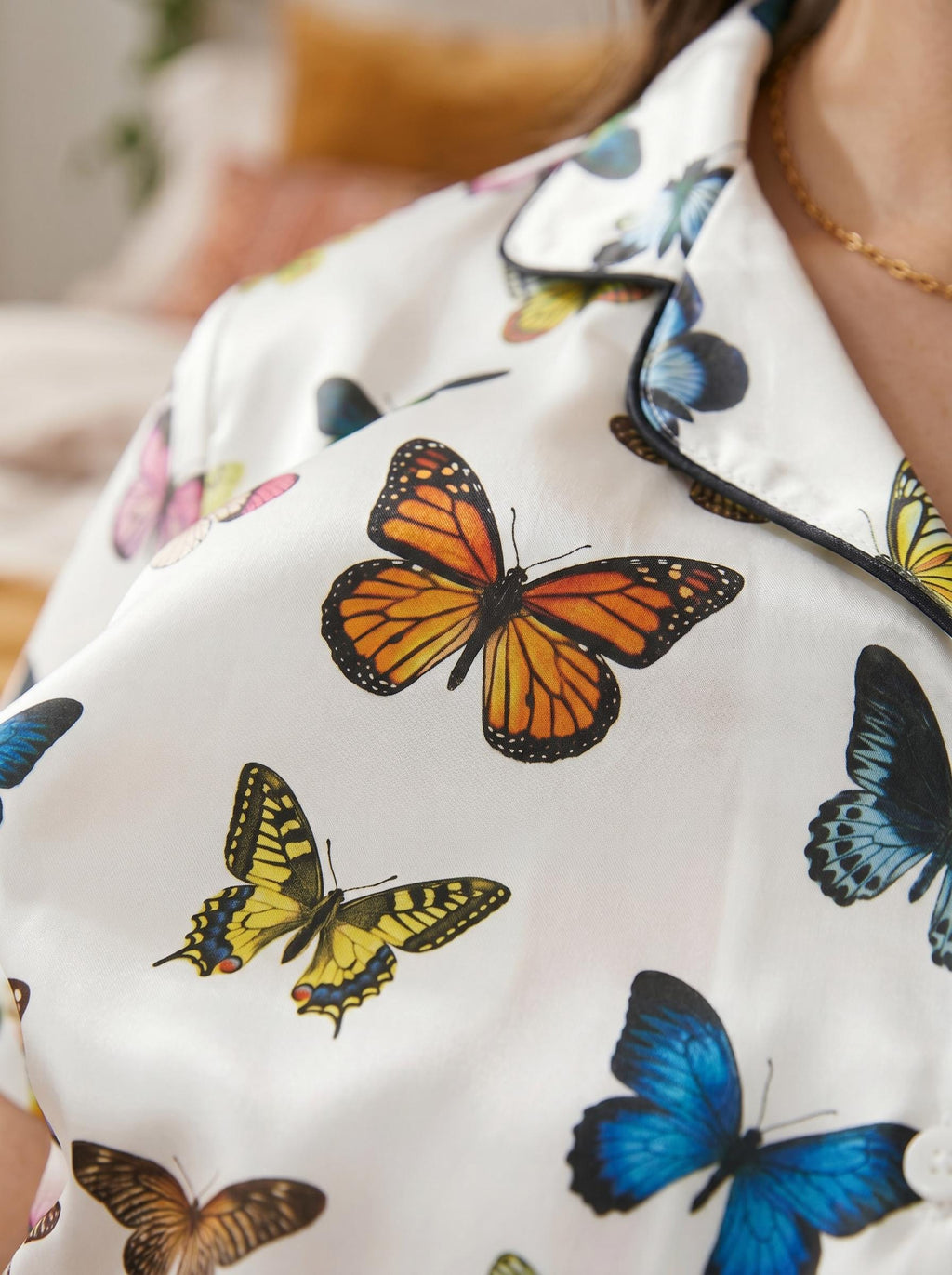 Women's Butterfly Satin Pajama Set, Colorful Summer Sleepwear, Floral Loungewear