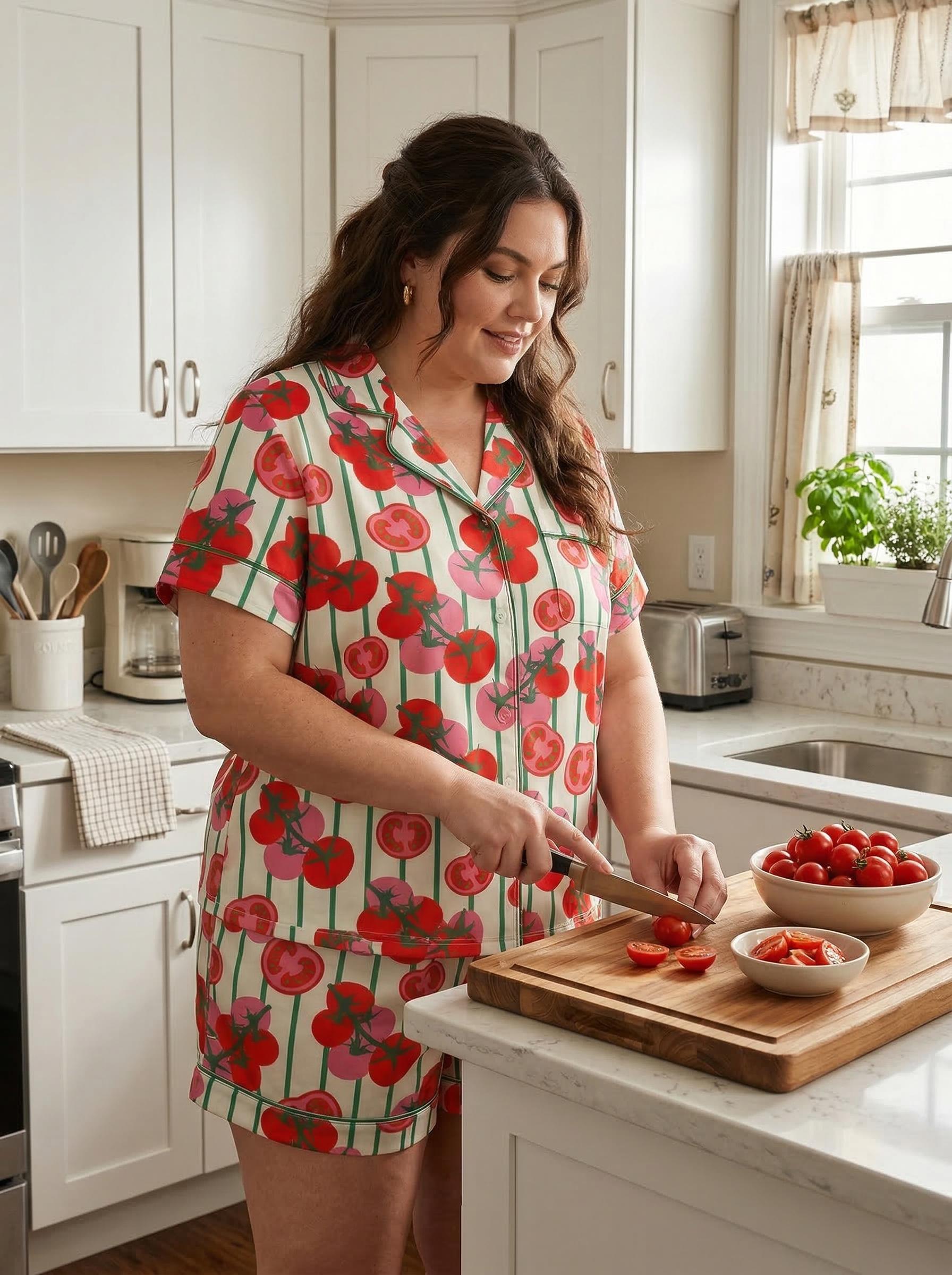 Plus Size Tomato Print Pajama Set, Short Sleeve Summer Sleepwear, Lightweight Lounge PJs