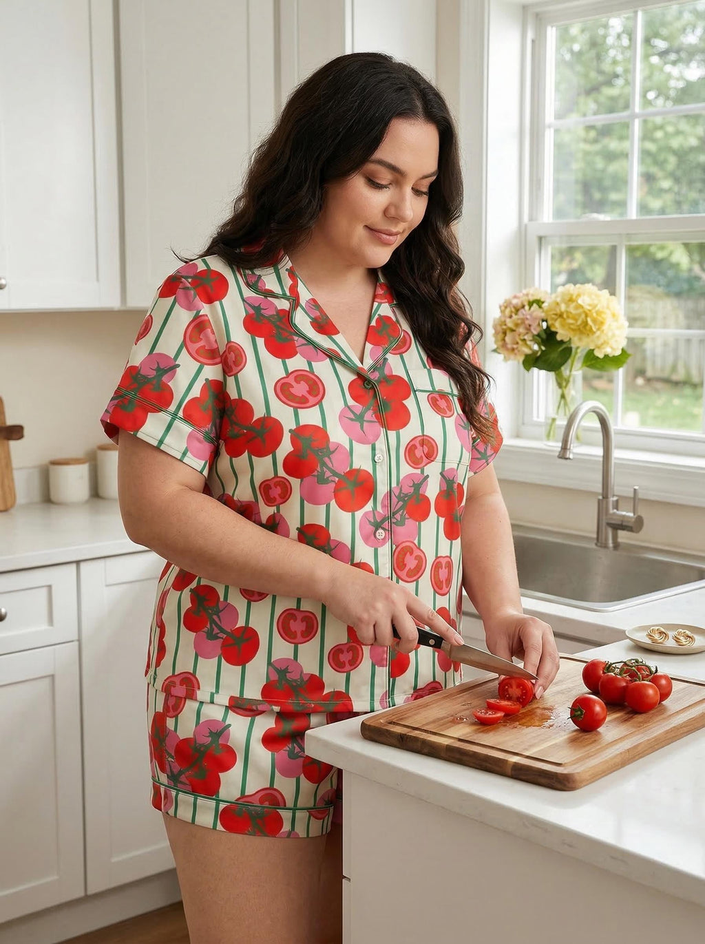 Plus Size Tomato Print Pajama Set, Short Sleeve Summer Sleepwear, Lightweight Lounge PJs