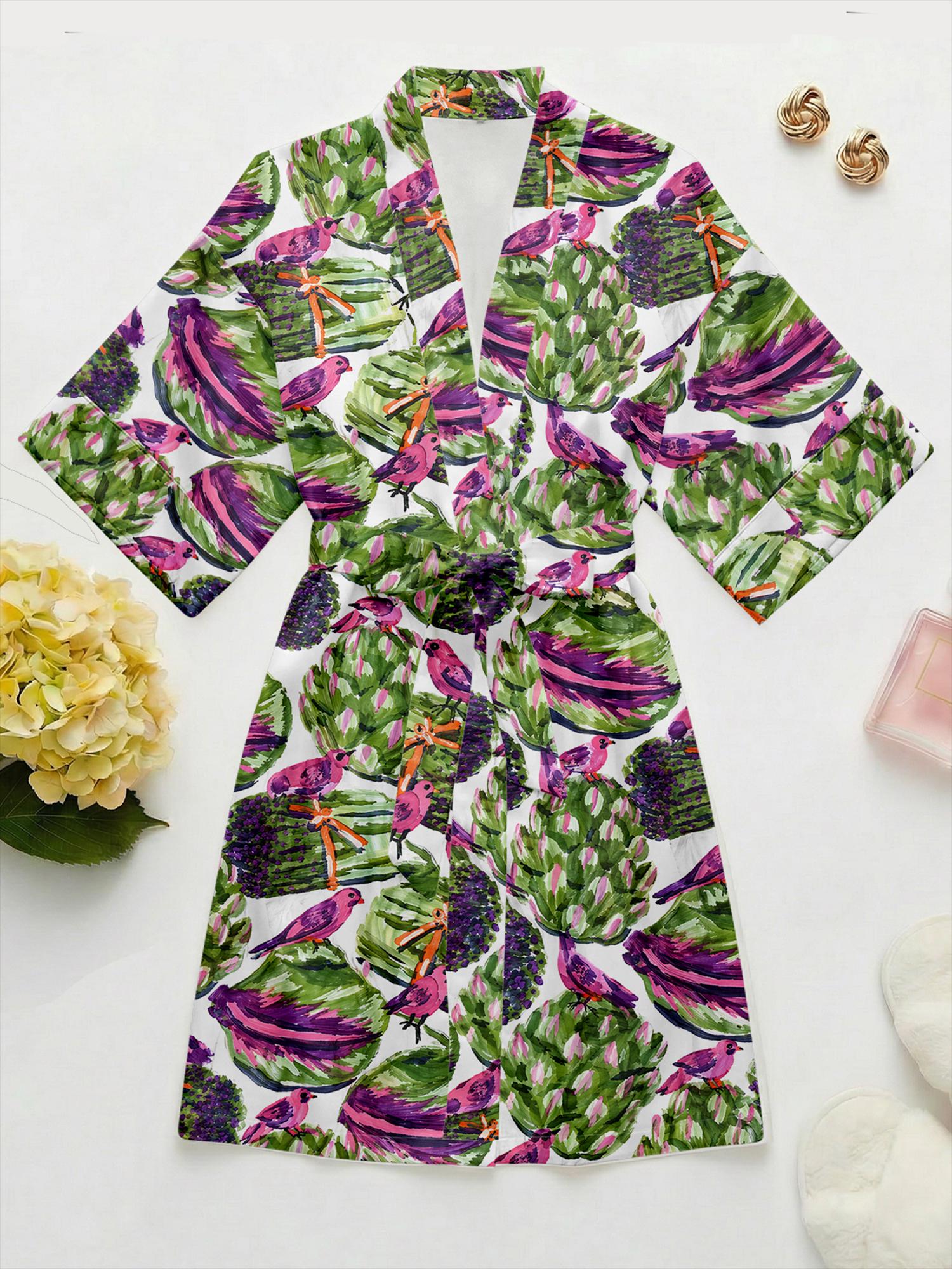 Artichoke Pajama Set for Women, Vegetable Print Satin Sleepwear, Cottagecore Summer Pajamas, Artistic Bird Loungewear, Gift for Mom