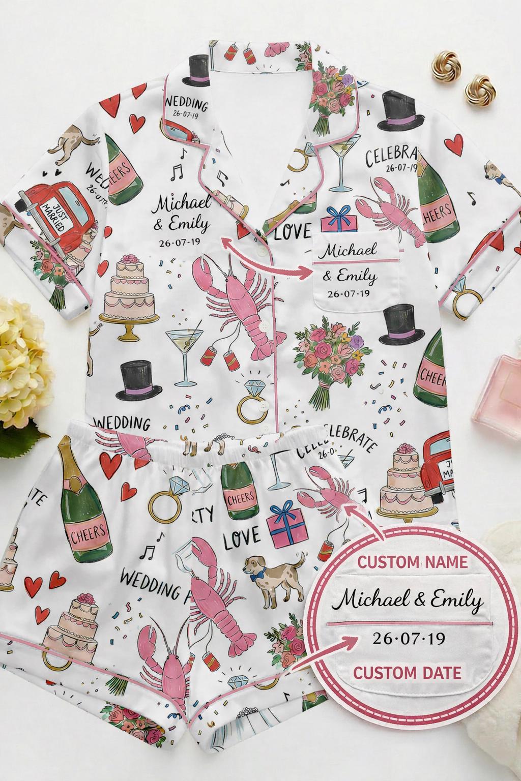Custome Bridal Pajamas for Bride, Satin Wedding Pajama Set, Personalized Wedding Print PJs, Bridal Shower Bachelorette Party Gift