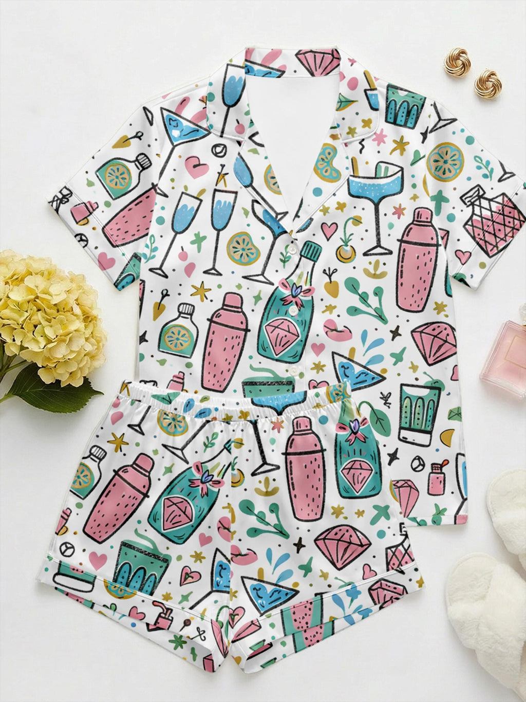 Personalized Cocktail Print Pajama Set, Bachelorette Party Sleepwear, Summer Lounge Shorts