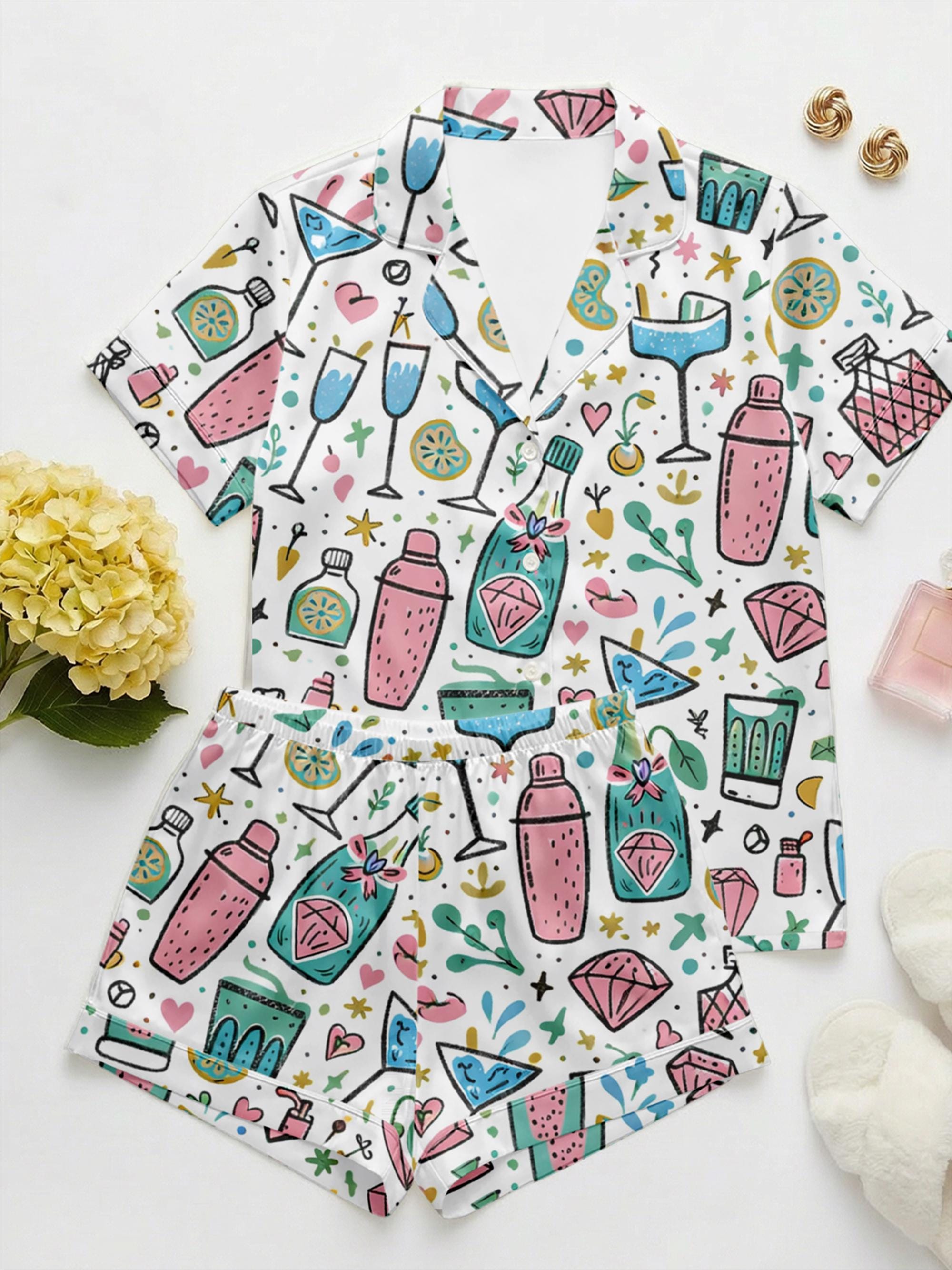Personalized Cocktail Print Pajama Set, Bachelorette Party Sleepwear, Summer Lounge Shorts