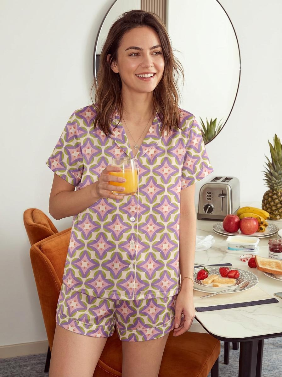 Vintage Boho Print Pajama Set for Women, Luxury Sleepwear, Aesthetic Sleepwear Set, Bridesmaid Gift, Mothers Day Gift for Her, Chic Summer