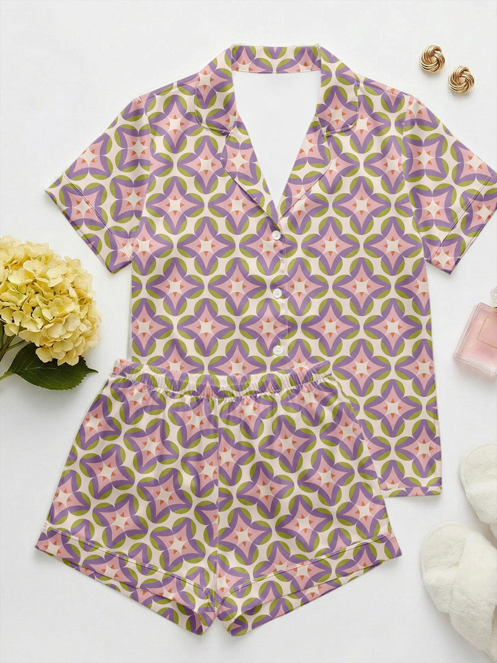 Vintage Boho Print Pajama Set for Women, Luxury Sleepwear, Aesthetic Sleepwear Set, Bridesmaid Gift, Mothers Day Gift for Her, Chic Summer