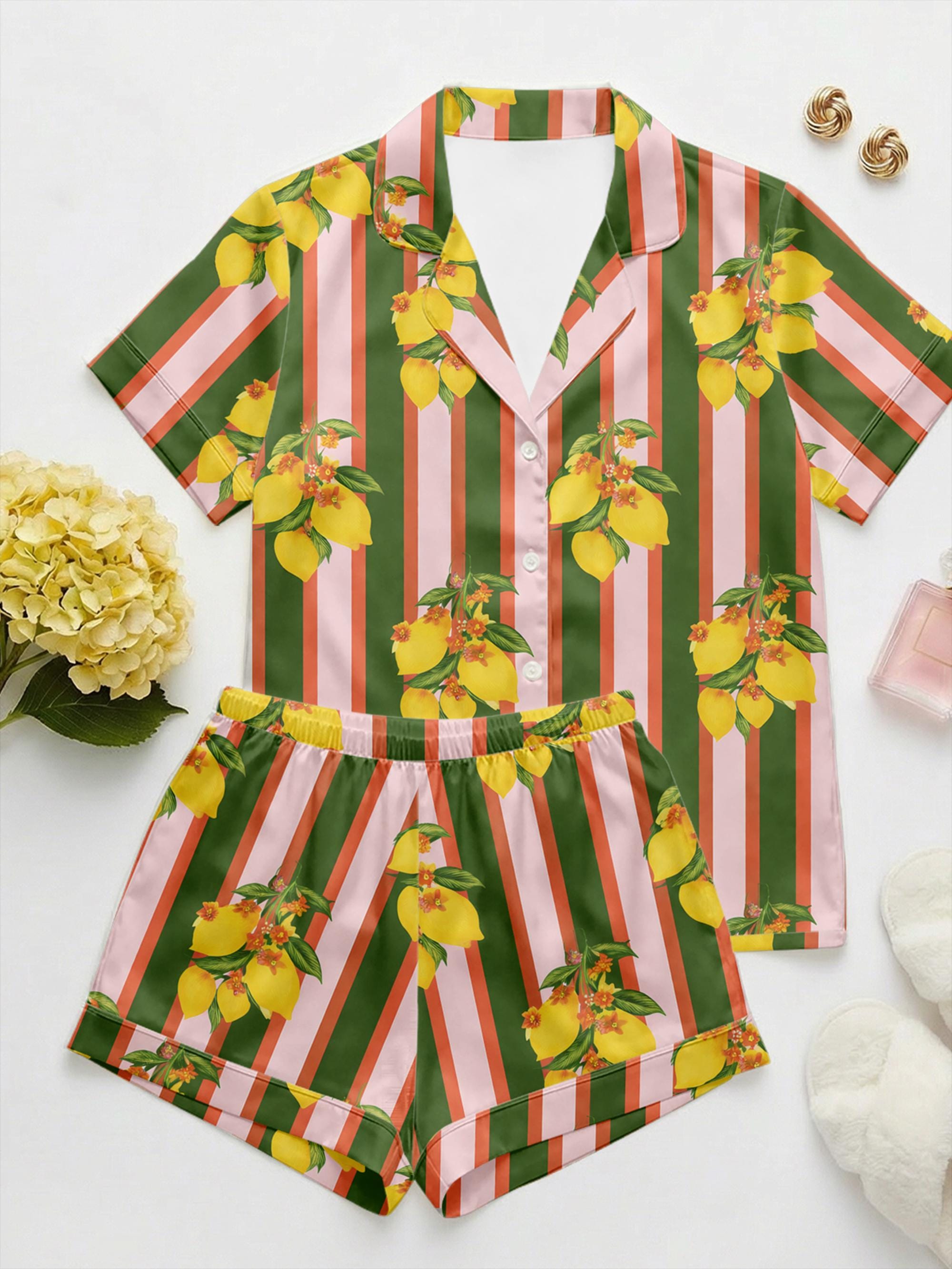 Custom Satin Pajama Set, Personalized Name, Fruit Stripe Sleepwear