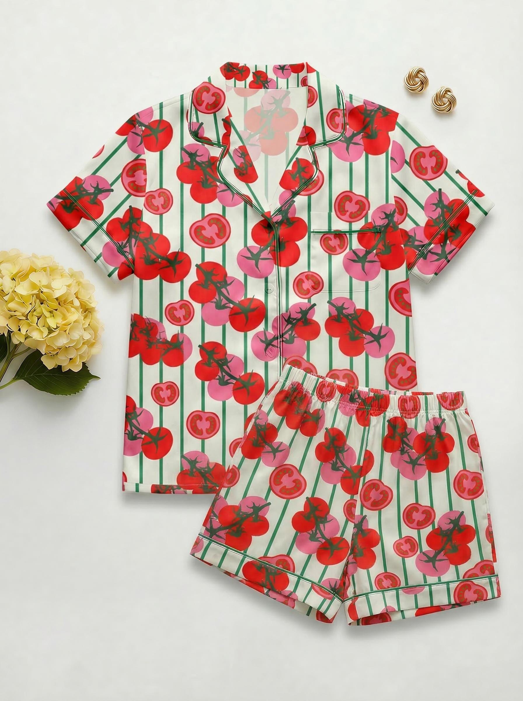 Custom Satin Pajama Set, Personalized Name, Fruit Stripe Sleepwear