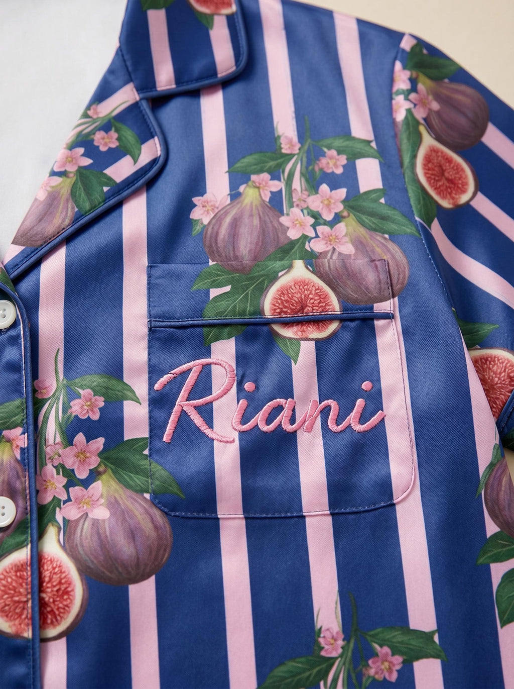 Custom Satin Pajama Set, Personalized Name, Fruit Stripe Sleepwear